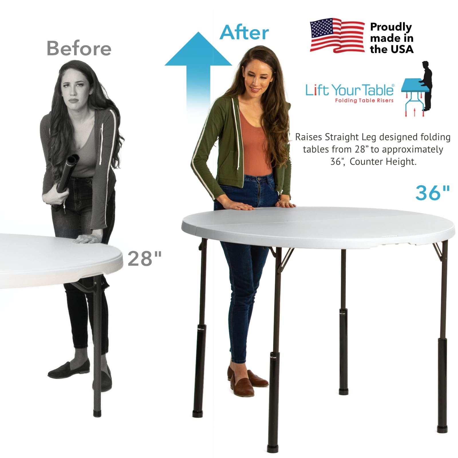 Lift Your Table® Folding Table Risers - Counter Height for Straight Leg Tables | Durable & Portable Set of 4 | Perfect for Outdoor Dining & Events
