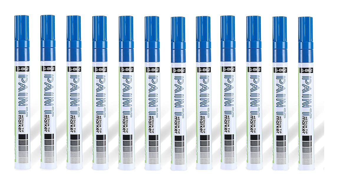 GXIN 12 Pack Blue Oil-Based Paint Pens - Opaque, Waterproof, Medium Point for DIY Crafts, Art Projects, and Home Decor