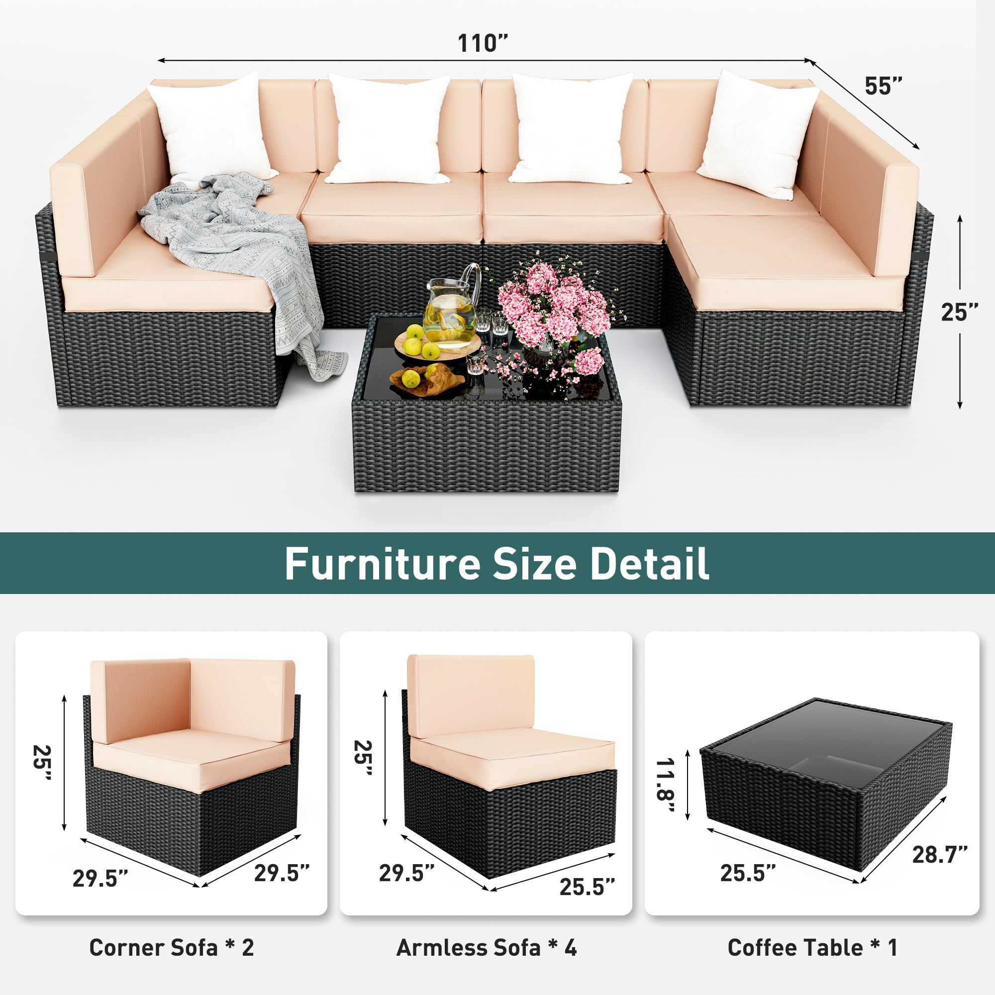 Pamapic 7-Piece Outdoor Sectional Furniture Set - All-Weather Wicker Patio Sofa with Coffee Table & Washable Cushion Covers - Perfect for Backyard, Poolside & Garden Relaxation