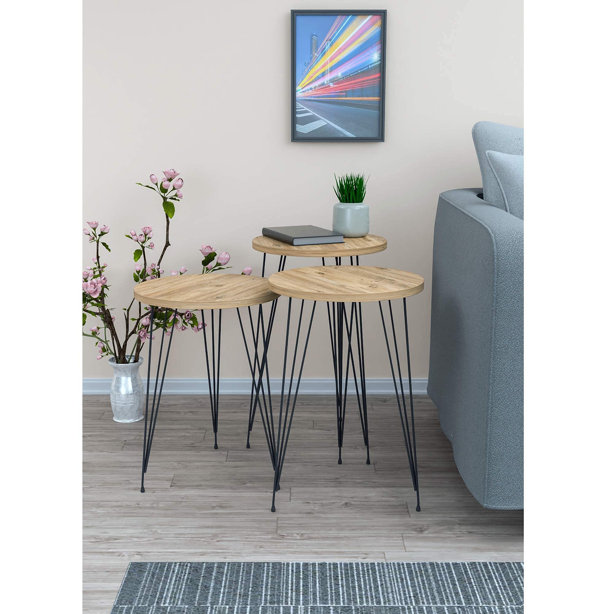 PAK HOME Set of 3 Round Pine Wood Nesting End Tables with Metal Legs - Stackable Coffee Side Accent Tables for Living Room, Bedroom Nightstand, Home Office - Perfect for Small Spaces, Apartment Decor & Modern Furniture Arrangement
