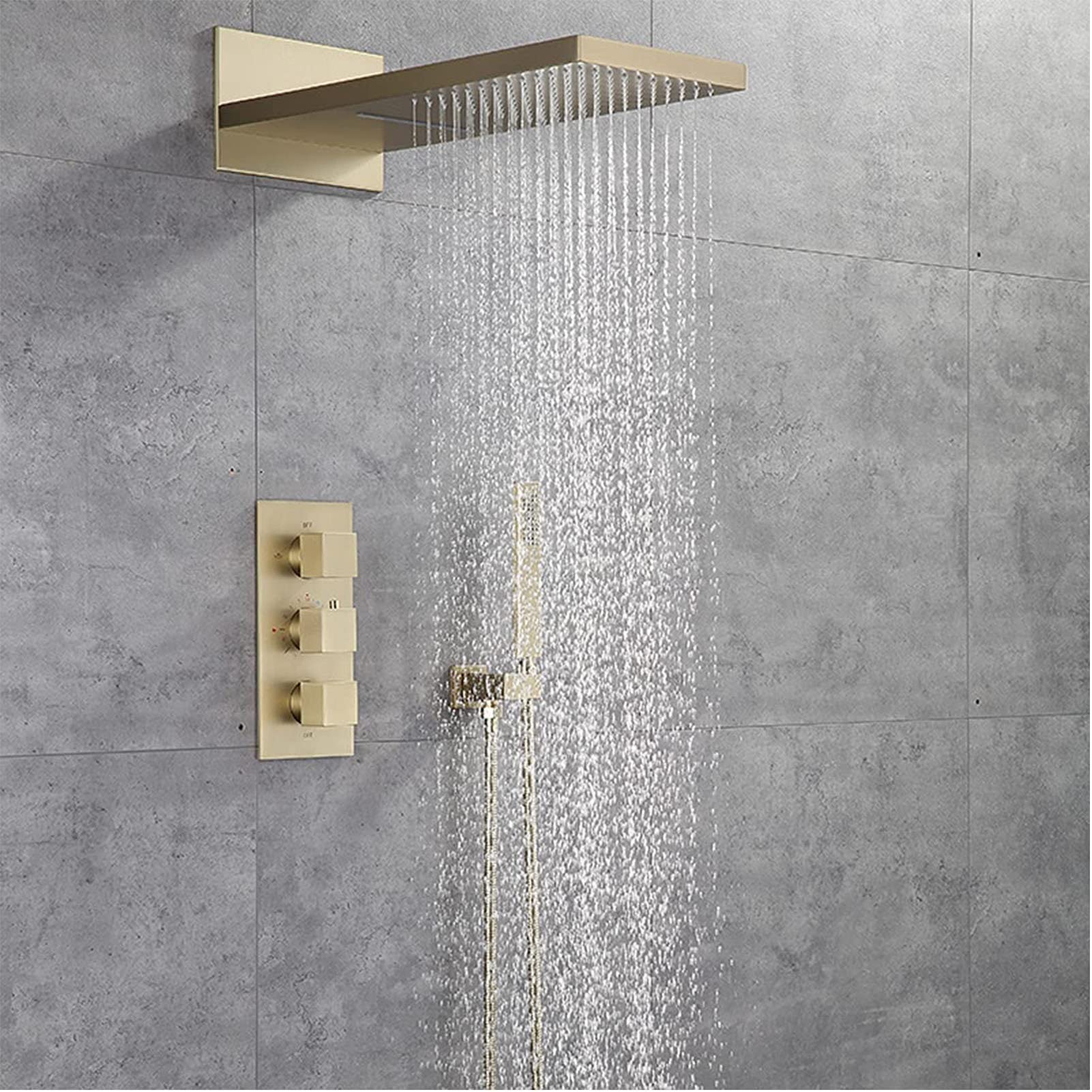 GELISURE Thermostatic Shower Faucet Set - Stainless Steel Waterfall Rainfall Shower Head with Brass Hand Shower, Brushed Gold Wall Mounted Shower System for Bathroom & Spa Luxury Experience