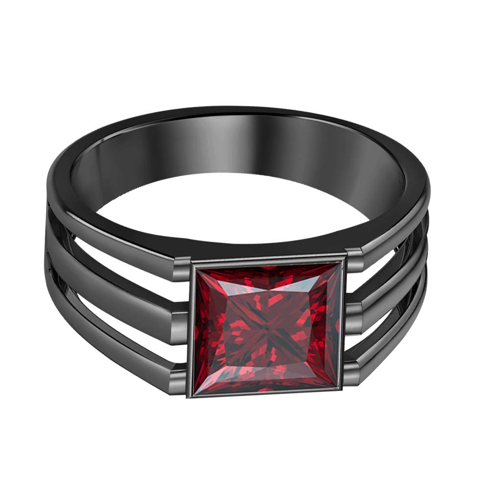 14K Black Gold Plated Solitaire Princess Cut Red Garnet Men's Wedding Band Ring - Elegant Engagement Ring for Him, Perfect for Proposals, Anniversaries & Special Occasions