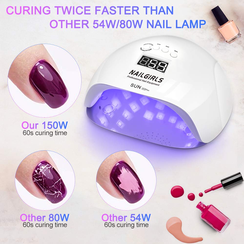 NAILGIRLS Professional 150W UV LED Nail Lamp with Auto Sensor - 4 Timer Settings, Detachable Base for Gel Polish Drying - Perfect for Home & Salon Manicures, Nail Art Designs & DIY Gel Nail Care