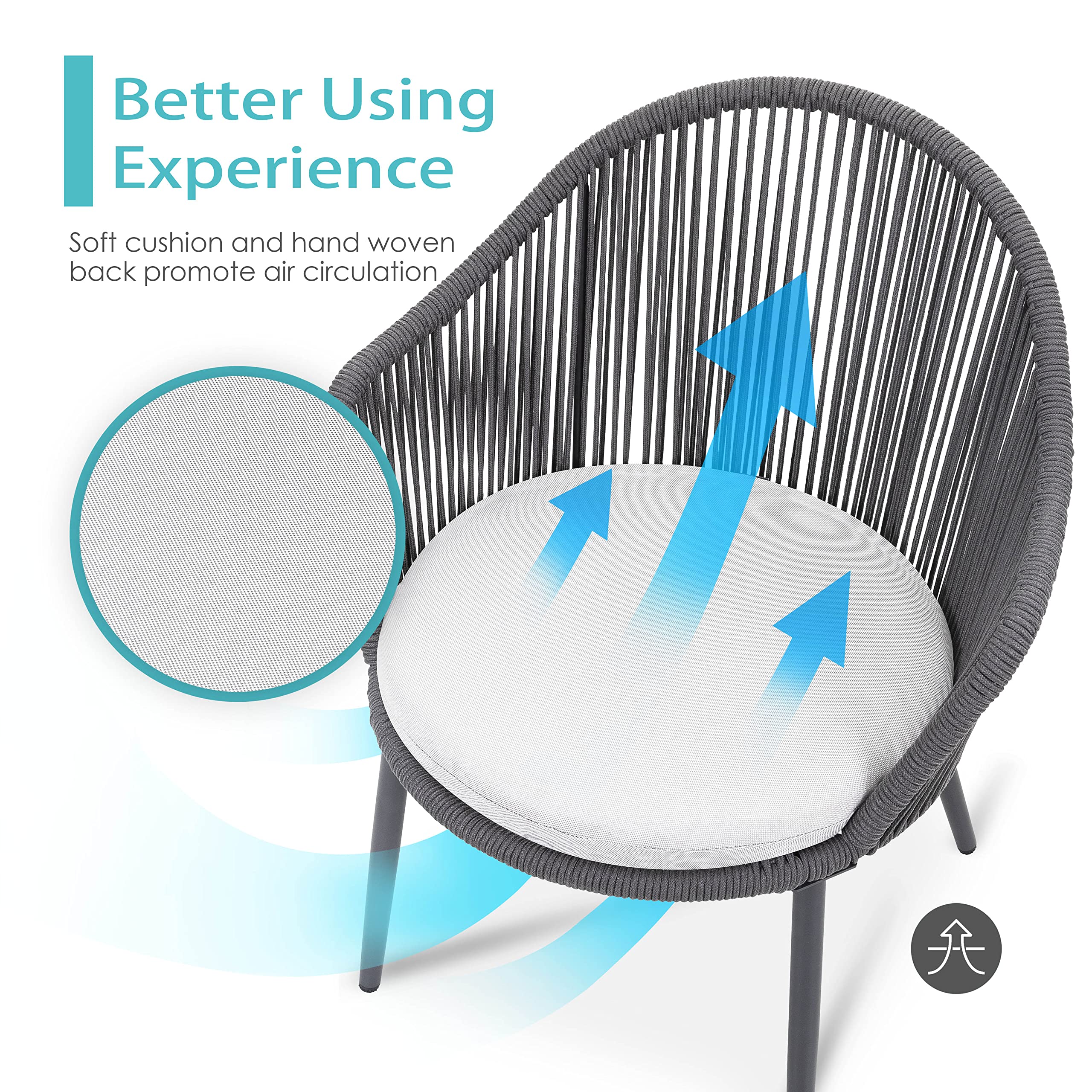 NUU GARDEN 3-Piece Outdoor Bistro Set - All-Weather Woven Rope Patio Furniture with Cushions, Dark Grey - Perfect for Garden, Deck, Backyard, Balcony & Porch Conversations | Ideal for Outdoor Dining, Relaxation & Entertaining Guests