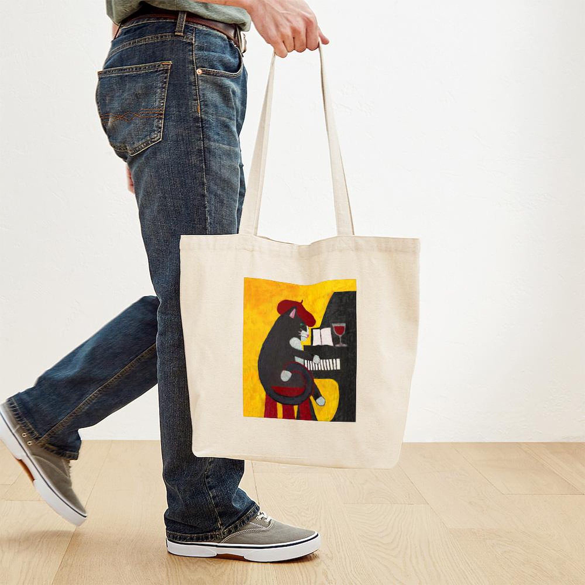 Stylish Tuxedo Cat & Piano Canvas Tote Bag - Eco-Friendly Reusable Shopping Bag for Groceries, Beach & Work | Durable Natural Cotton Carryall