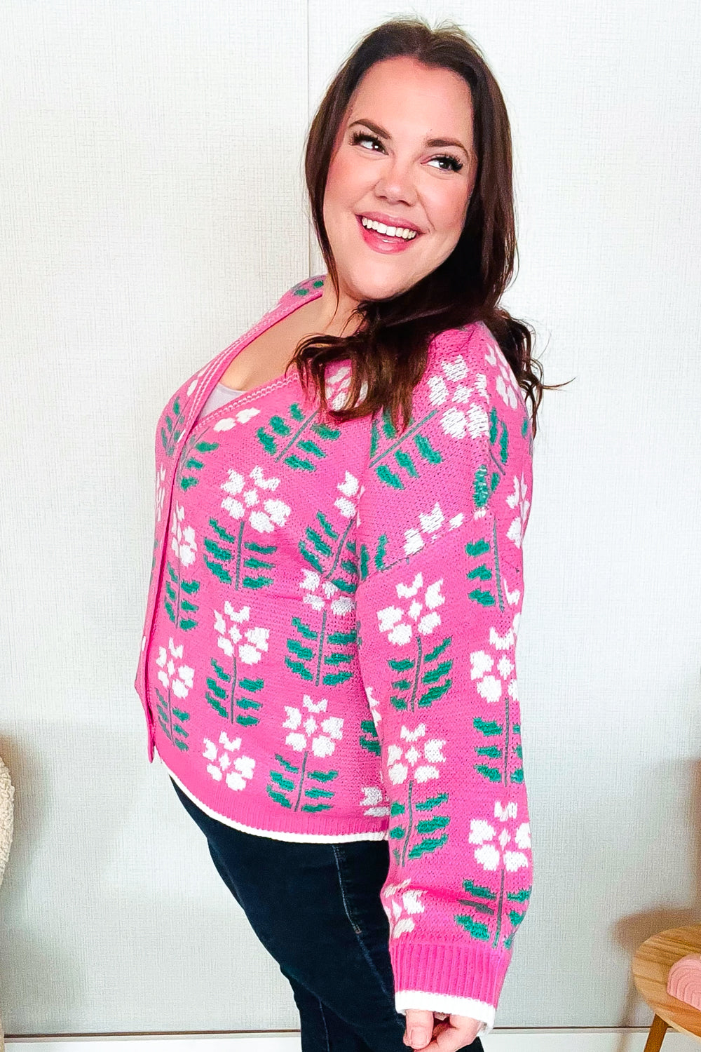 All For Love Fuchsia Flower Print Button Down Knit Cardigan for Women - Soft Casual Long Sleeve Open Front Sweater for Spring, Fall & Winter (Office, Date Night, Weekend Outfits)