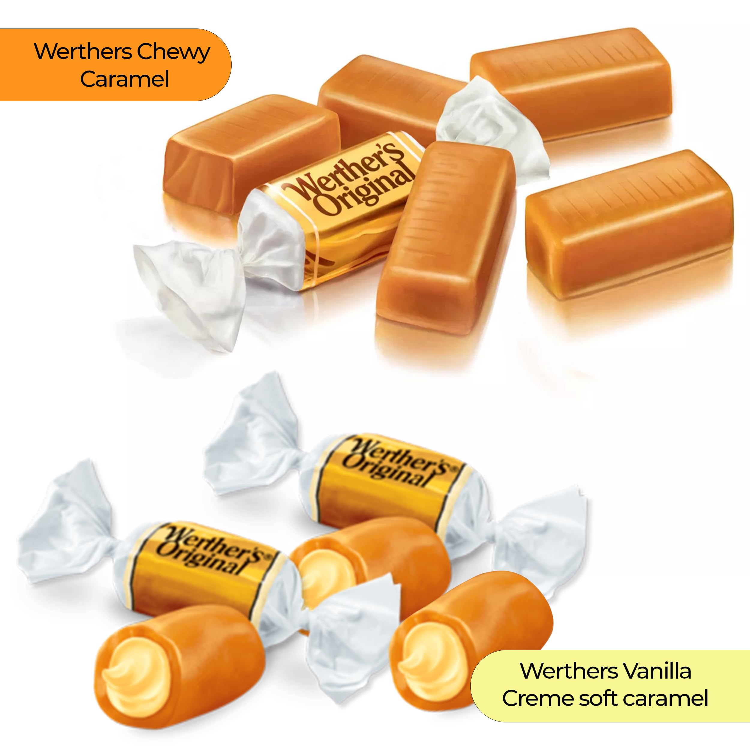 Werthers Original Vanilla Creme Soft Caramels & Chewy Caramel Candy - 4-Pack (2 of Each) - Individually Wrapped Caramel Creams, Soft Chews Candy - Perfect for Office Snacks, Party Favors & Gift Baskets
