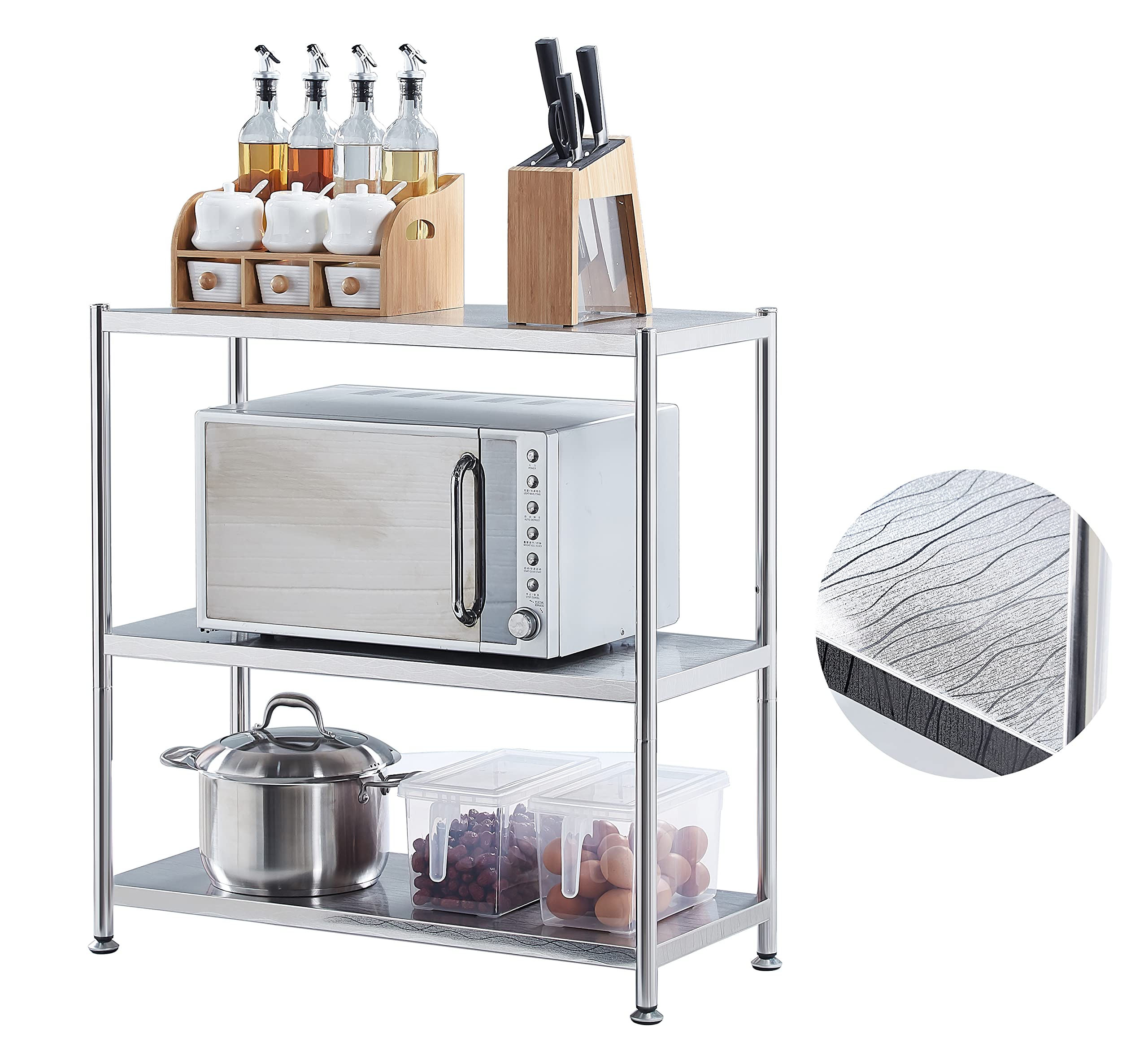 Susunnus 3-Tier Stainless Steel Shelves - 23.6 Inch Heavy Duty Kitchen Storage Organizer with Artistic Texture | Waterproof & Sturdy Metal Shelving for Pantry, Garage, or Commercial Use