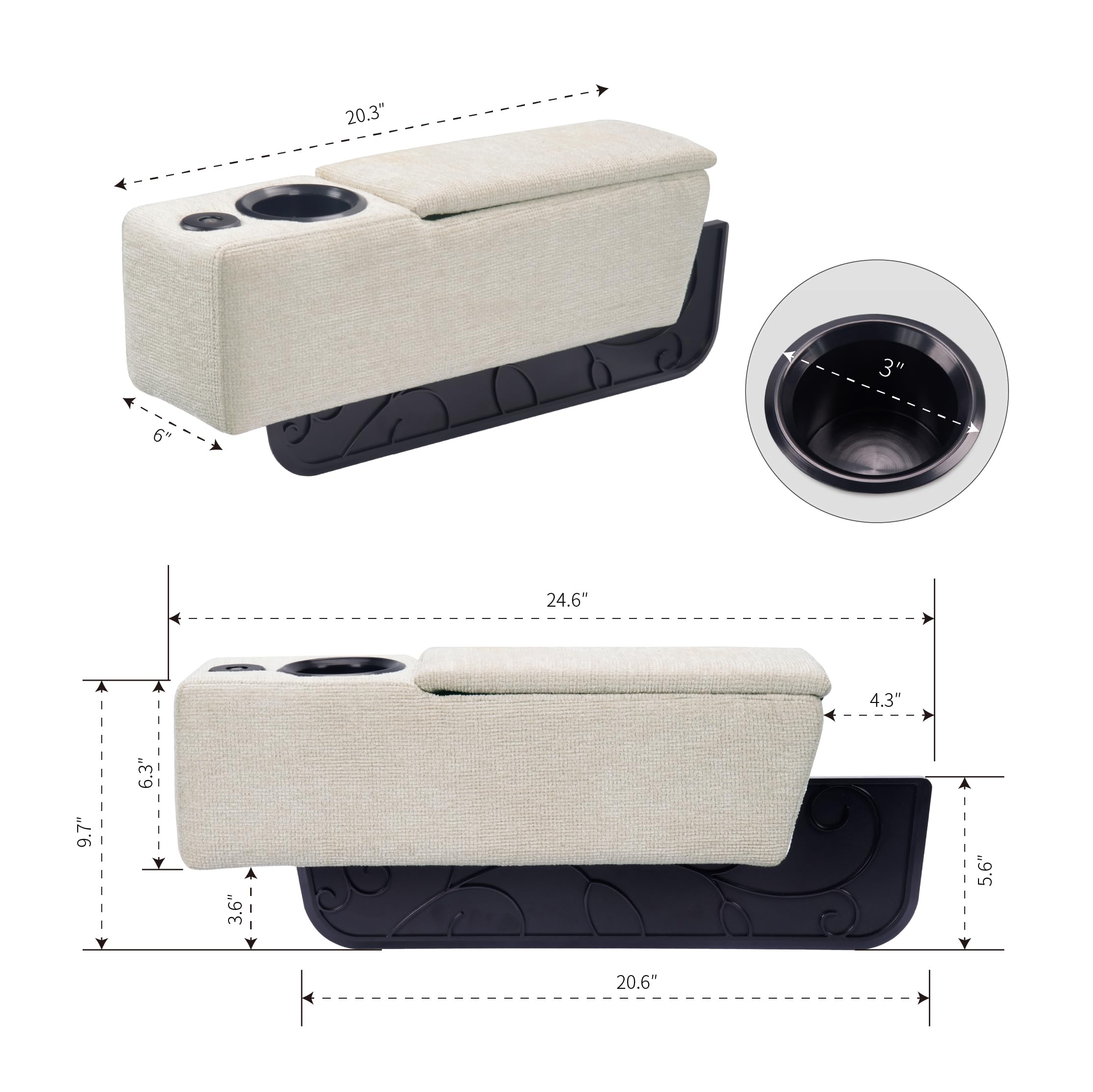 Multifunctional Removable Sofa Armrest with Cup Holder & Wireless Charger - Couch Caddy with Storage & LED Reading Light - Almond - Perfect for Living Room, Bedroom & Office Use
