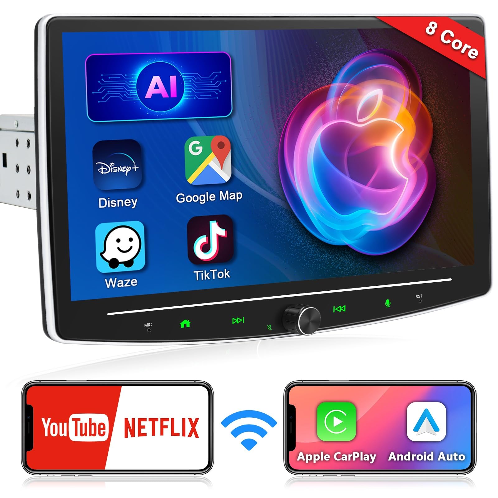 10 Inch Single Din Touchscreen Car Stereo with Wireless CarPlay & Android Auto - Adjustable Android Car Radio with Backup Camera, Bluetooth, AM/FM, WiFi, GPS Navigation, 2+32GB - Perfect for Road Trips & Daily Commuting
