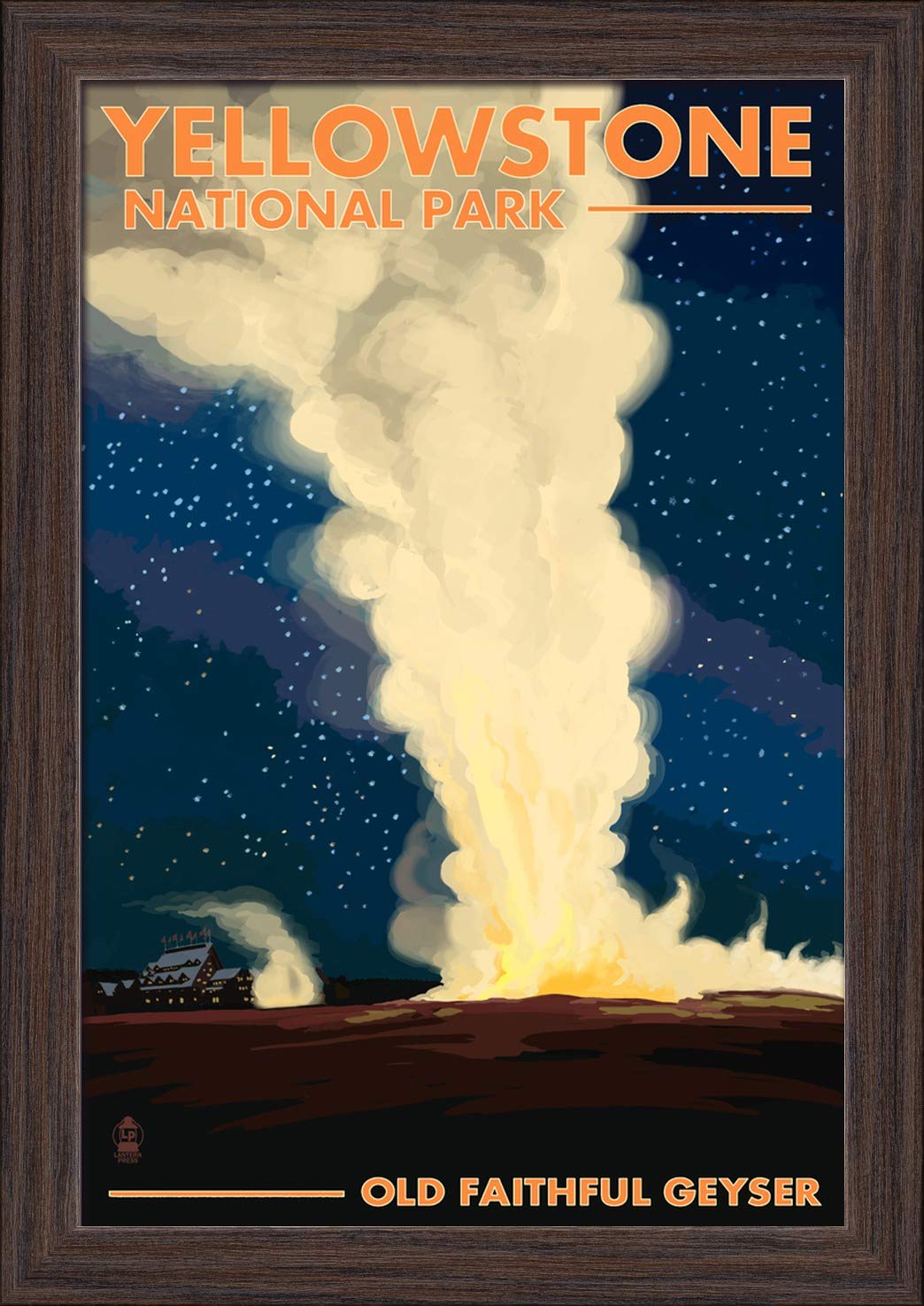 Yellowstone National Park Old Faithful at Night - 12x18 Giclee Fine Art Print with Recycled Wood Frame in Espresso Brown - Perfect for Home Decor, Office Wall Art & Nature Lover Gifts