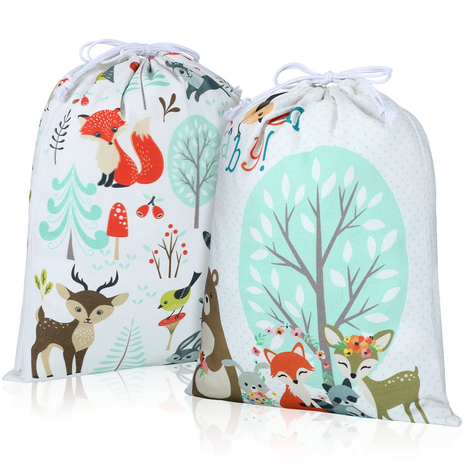 Shappy 2 Pack Reusable Woodland Animal Drawstring Gift Bags - 15.75 x 11.81 Inch Large Fabric Gift Wrap for Baby Showers, Birthday Parties, Gender Reveals & Jewelry Gifts - Eco-Friendly Party Favor Bags for Special Occasions