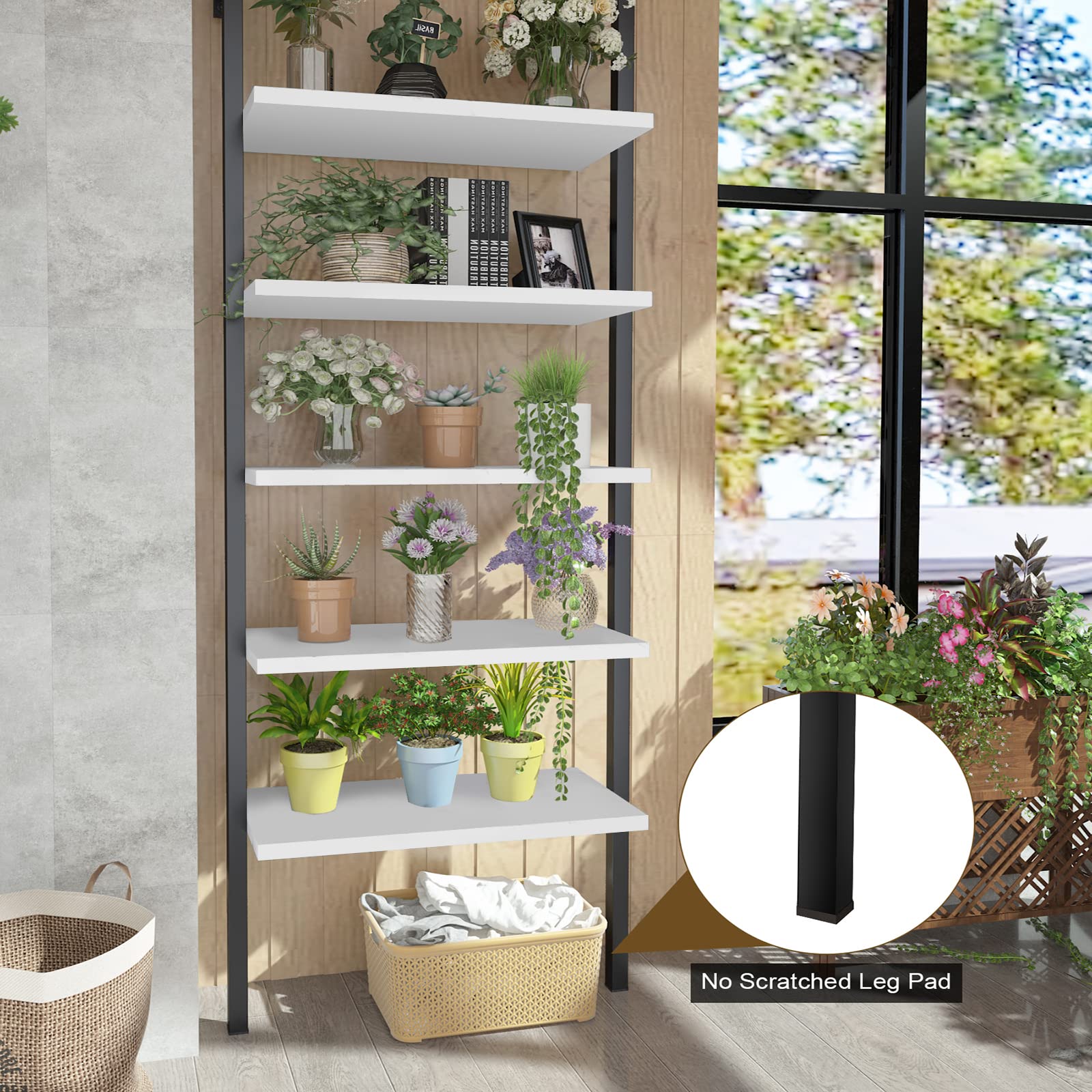 Industrial Ladder Bookshelf - 5-Tier Wall Mounted Bookcase with Metal Frame, Open Display Storage Shelf for Living Room, Bedroom, Office & Balcony | Space-Saving Leaning Ladder Design for Home Decor & Organization