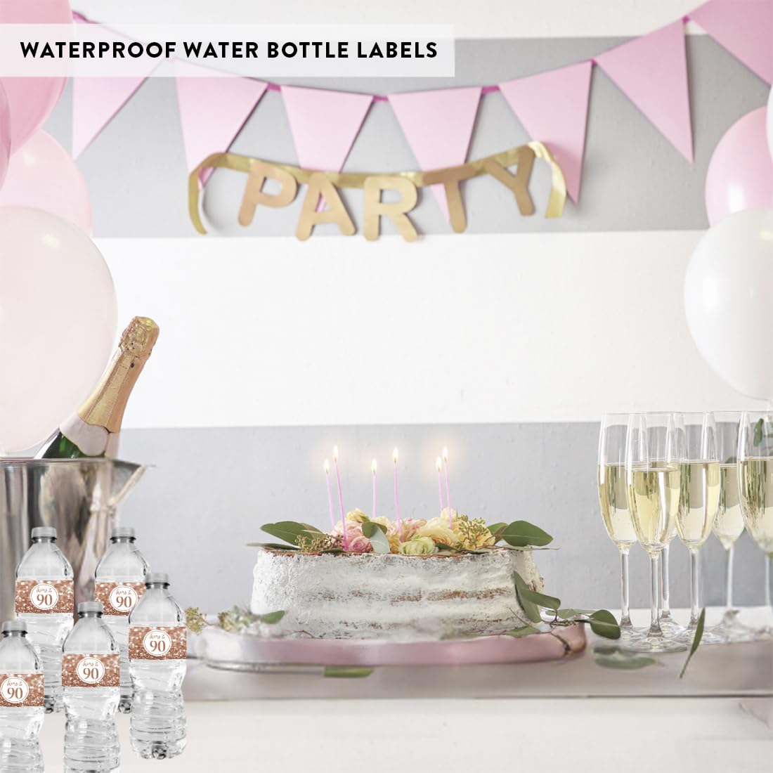 Glitzy Faux Glitter Rose Gold Water Bottle Labels Stickers - 20-Pack for 90th Birthday Party Decorations, Anniversary Celebrations & Women's Birthday Favors | Perfect for Water Bottle Decor, Party Supplies & Special Event Favors