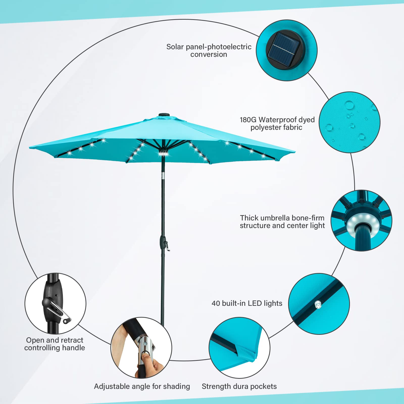 Ainfox 10ft Solar Patio Umbrella with LED Lights - Heavy Duty Steel Frame, Waterproof Sun Shade for Outdoor Garden, Deck, Poolside - Perfect for Backyard, Patio, Restaurant & Beach Use