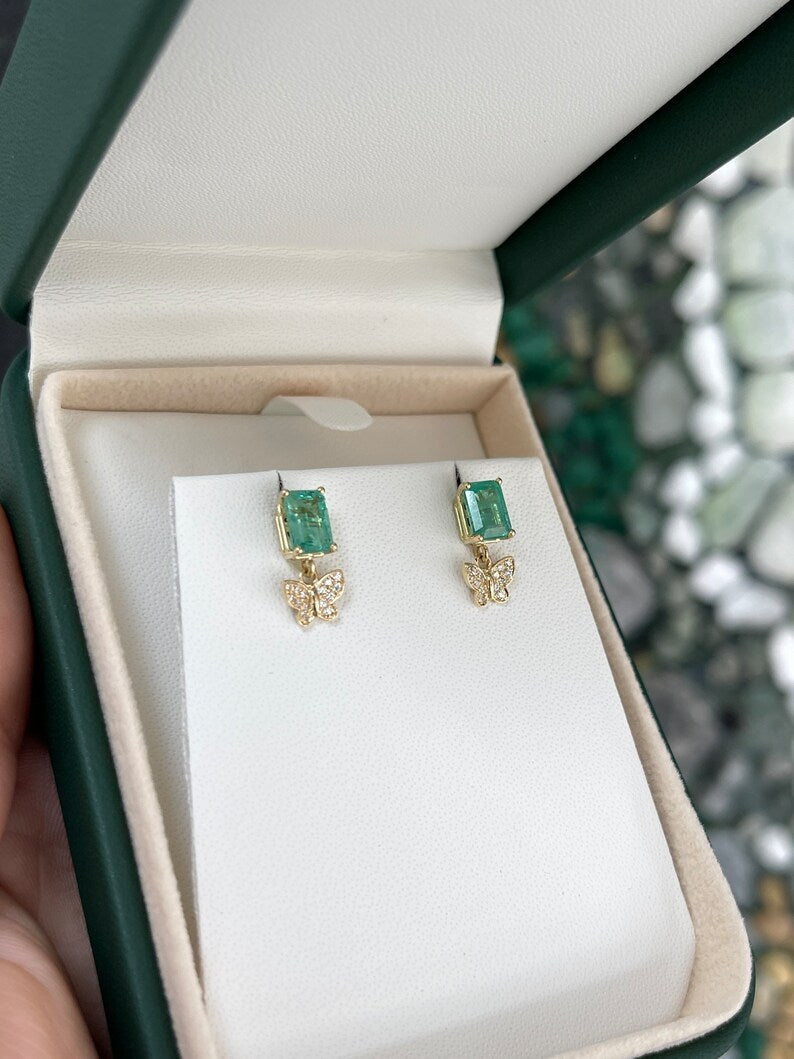 2.40tcw 14K Gold Natural Emerald & Diamond Butterfly Dangle Earrings for Women - Elegant Jewelry Gift for Birthday, Anniversary & Special Occasions
