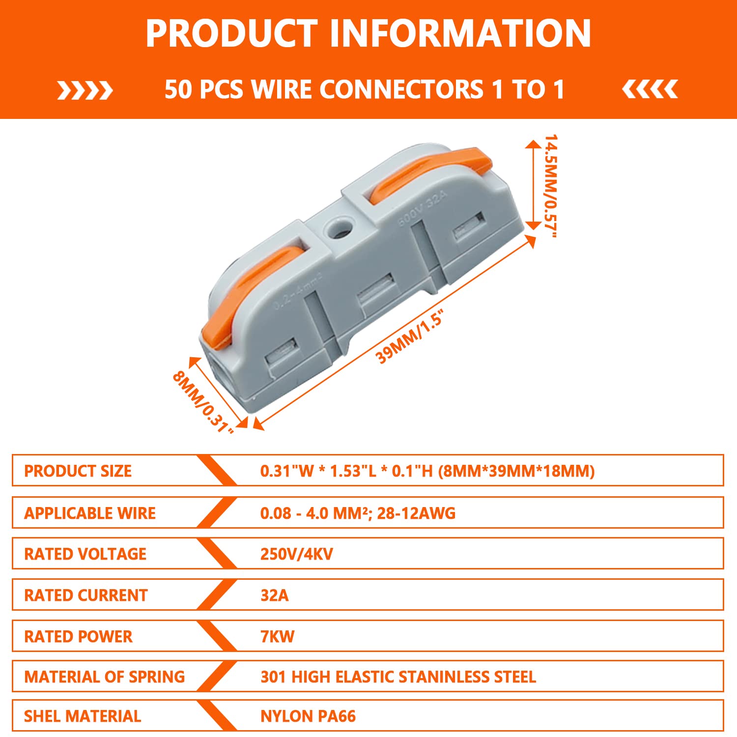 50 Pcs 1 to 1 Inline Electrical Lever Wire Connectors - Quick Push-in Cable Splicing Connectors for 28-12 AWG Wires (Grey Orange) - Ideal for Home Wiring, Electrical Repairs, and DIY Projects