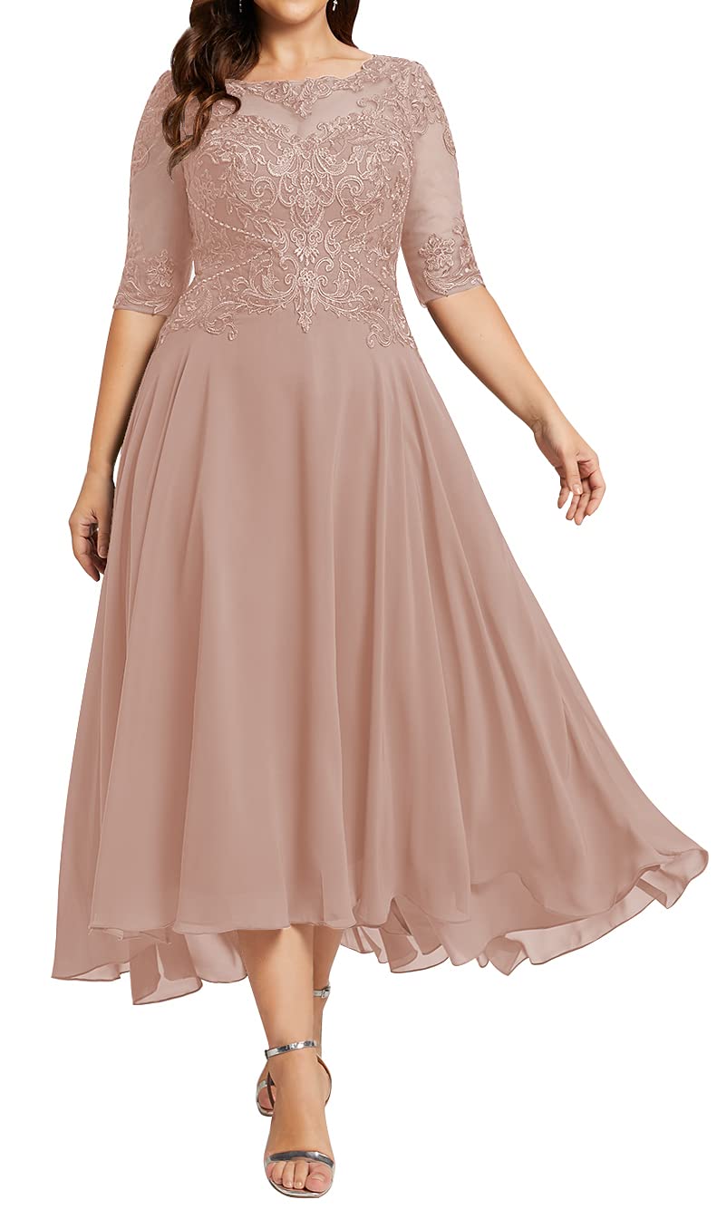 Elegant Tea-Length A-Line Chiffon Lace Mother of the Bride Dress with Sleeves | Formal Wedding Guest Dress | Perfect for Weddings, Receptions & Special Occasions