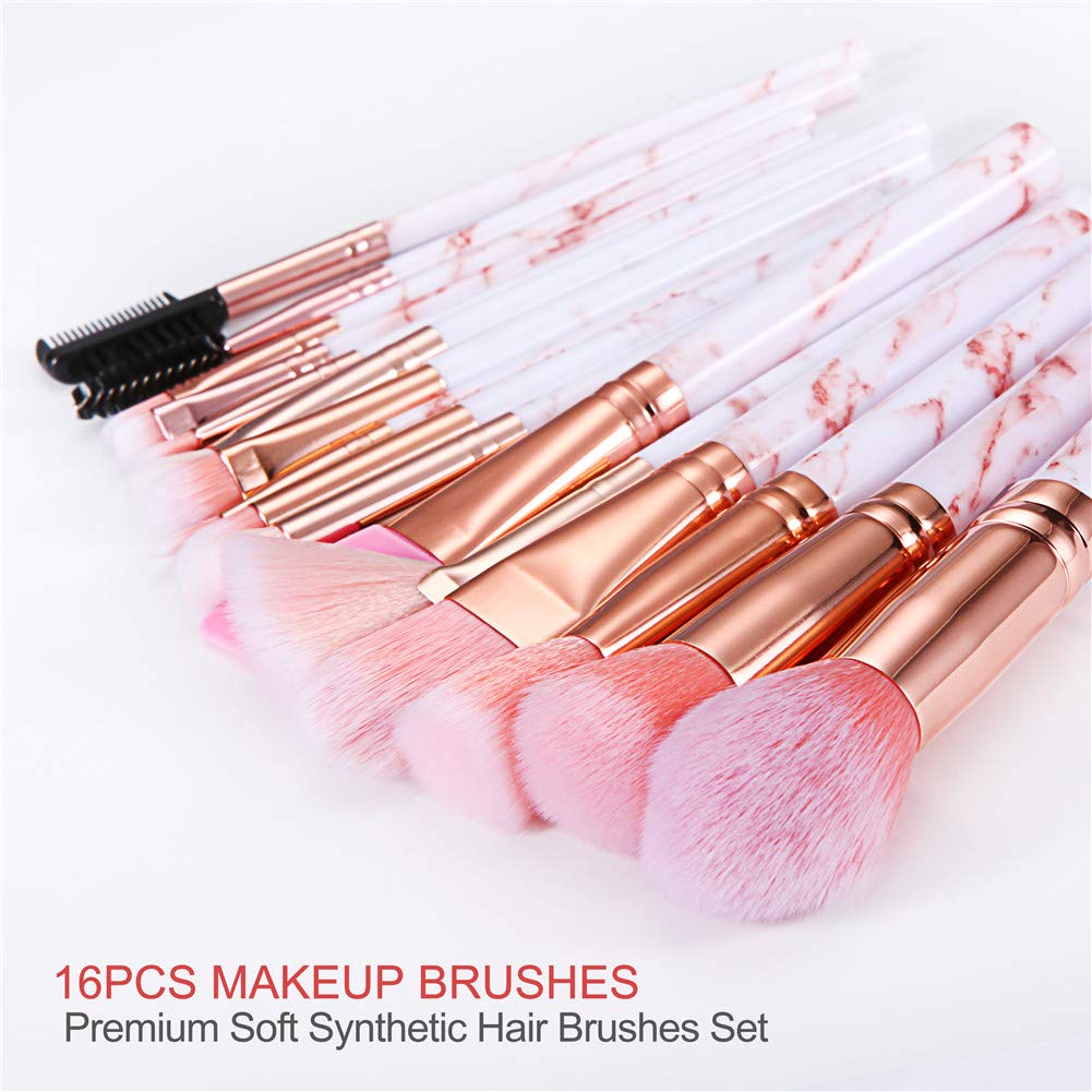 16PCS Pink Marble Makeup Brush Set - Foundation, Eyeshadow, Concealer & Blush Brushes with Holder | Professional Cosmetic Brush Kit for Makeup Artists & Beginners | Perfect for Daily Makeup, Salon Use & Travel