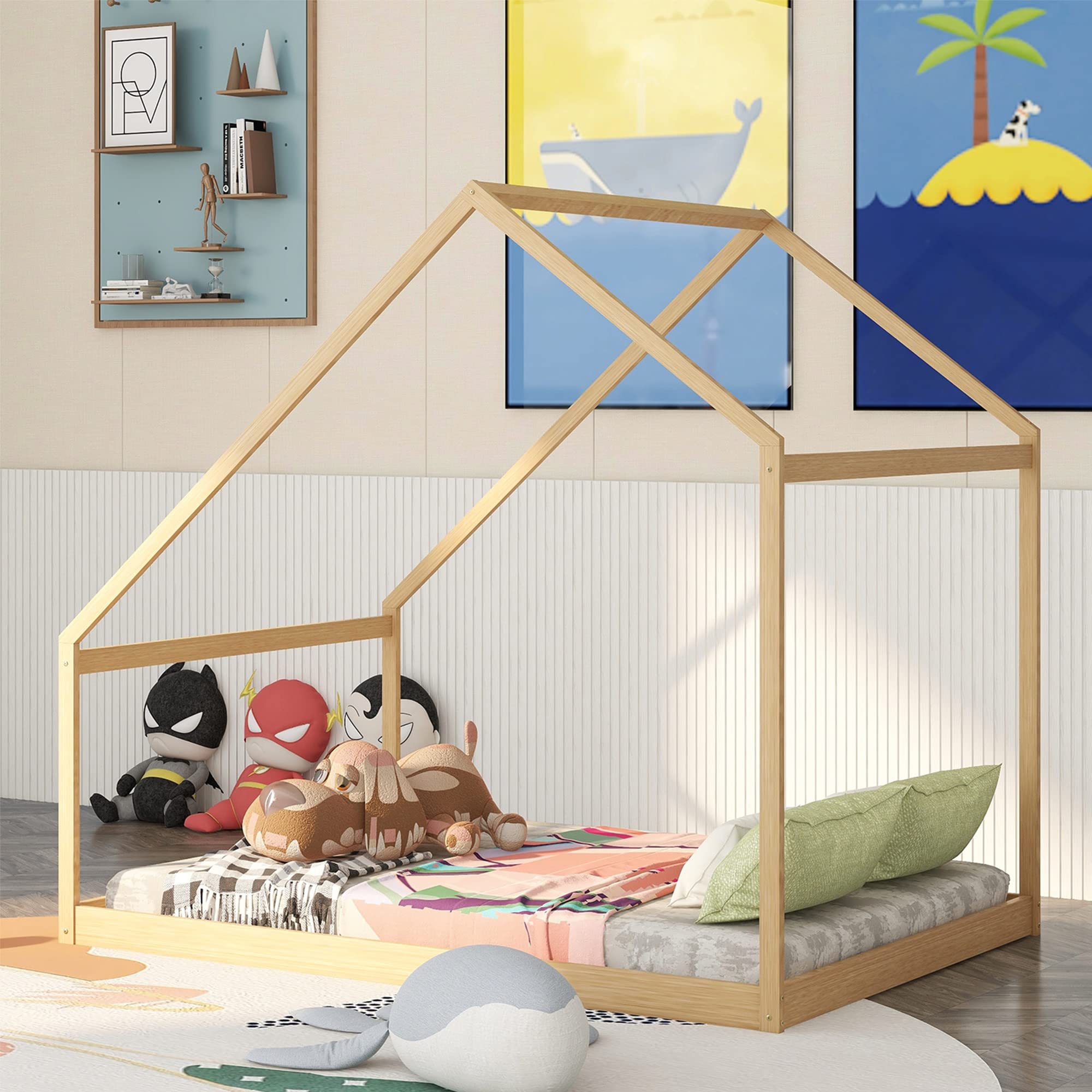 **Full Size Wooden House Bed Frame for Kids & Toddlers - Sturdy Playhouse Bed for Girls & Boys, No Weight Limit - Walnut Finish - Perfect for Bedrooms, Playrooms & Daybeds**
