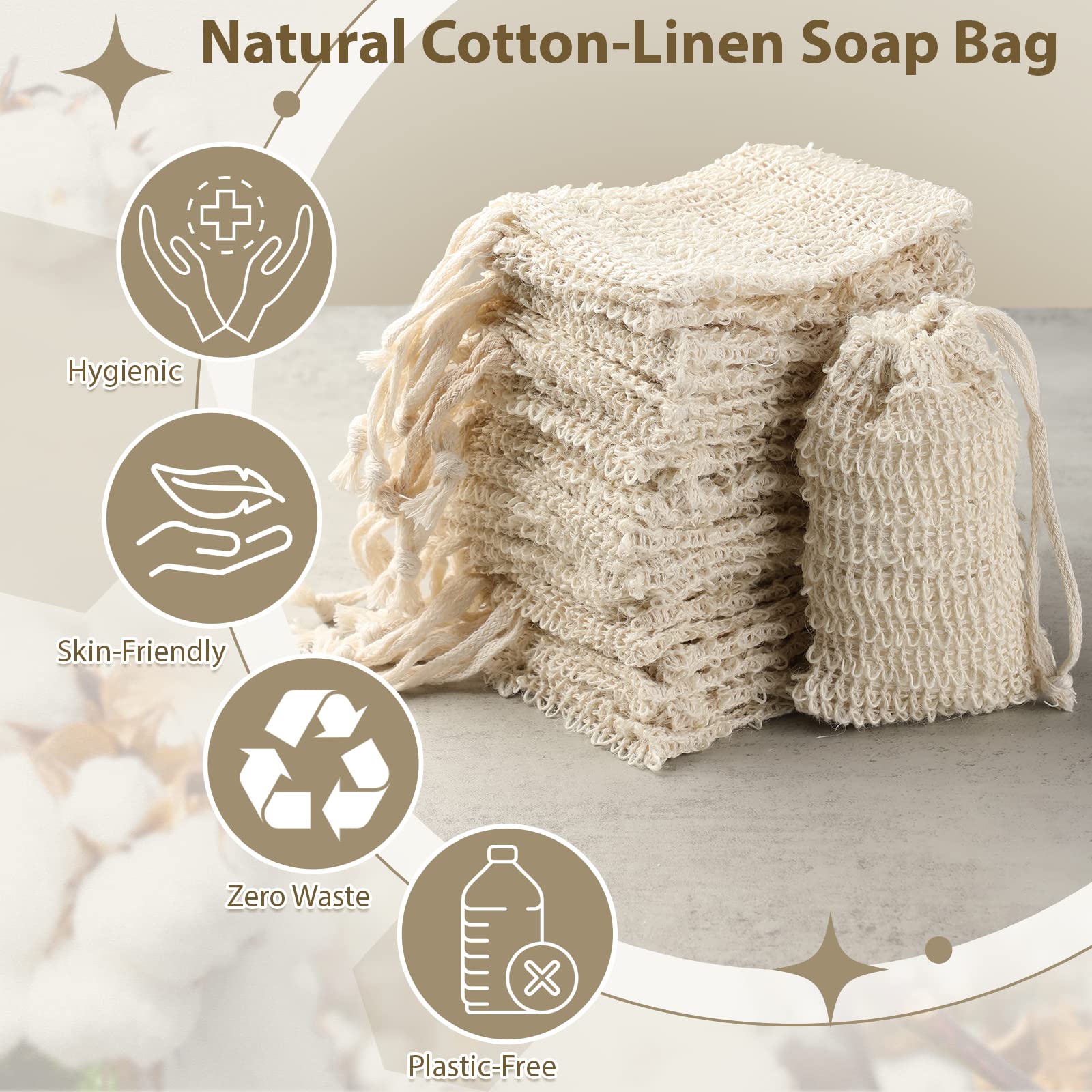 Varku 100 PCS Natural Sisal Soap Saver Bags - Eco-Friendly Cotton-Linen Exfoliating Soap Pouches for Shower, Bath & Travel - Zero Waste Plastic-Free Soap Holder with Drawstring - Perfect for Gentle Exfoliation & Foaming Lather