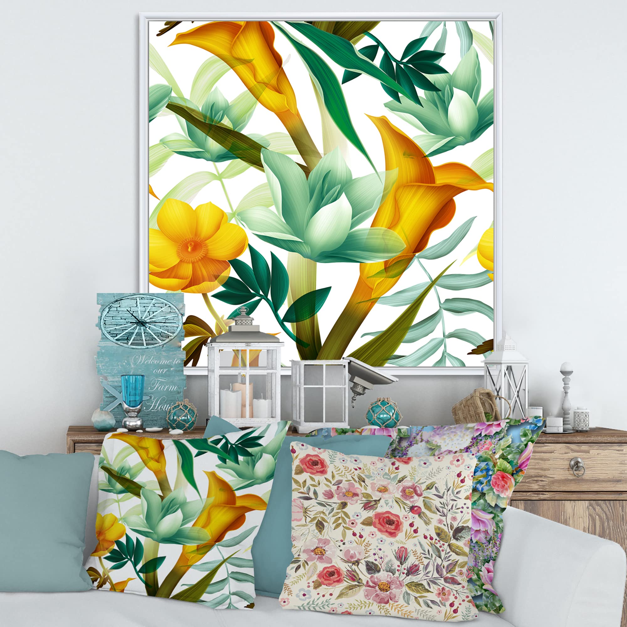 DesignQ Tropical Foliage & Yellow Flowers III - Modern Framed Canvas Wall Art Print for Living Room, Bedroom & Office Decor
