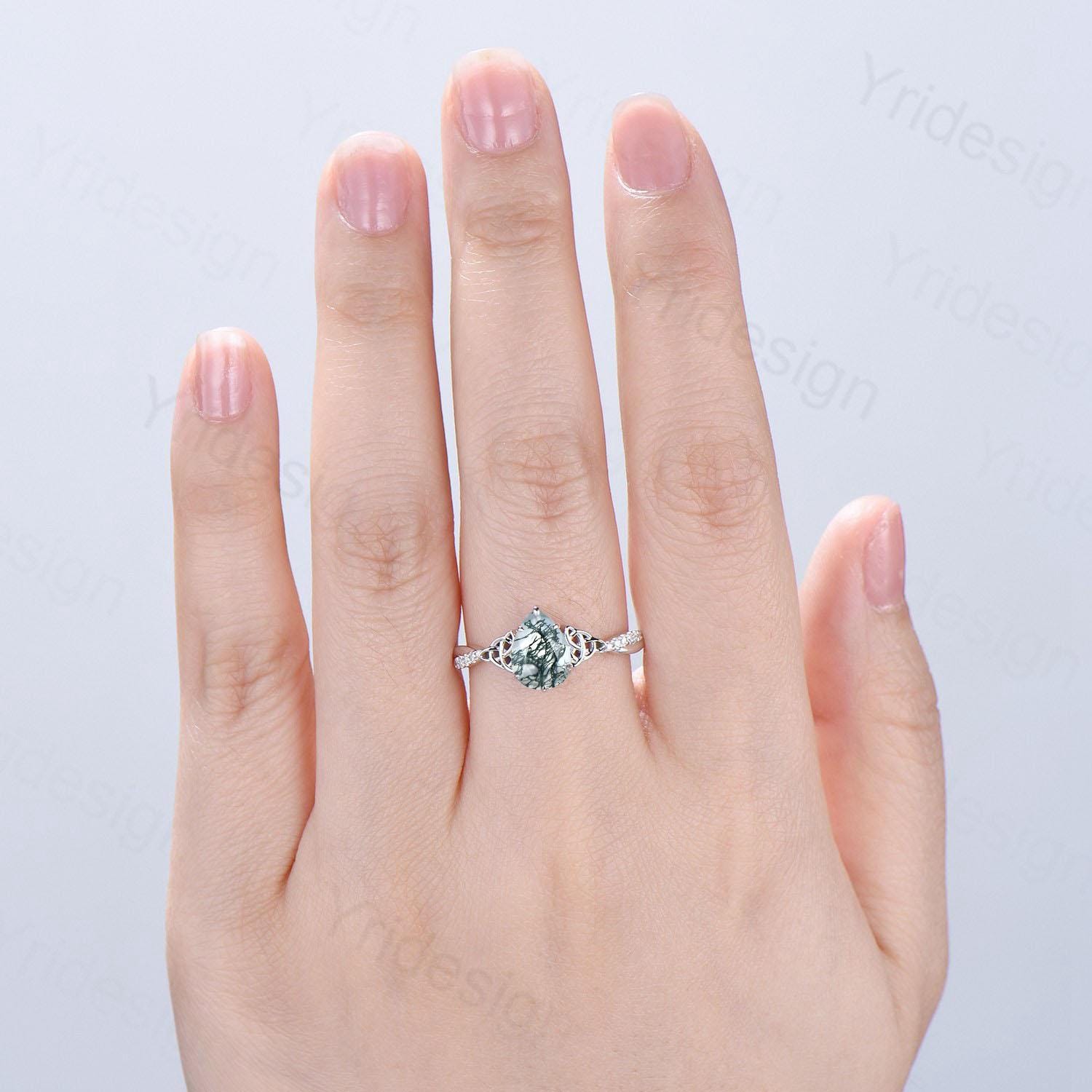 Viking Pear Shaped Moss Agate Engagement Ring for Women - Unique Celtic Infinity Moissanite Wedding Band with Split Shank - Perfect for Anniversary Gifts, Proposal, and Celtic-Themed Weddings