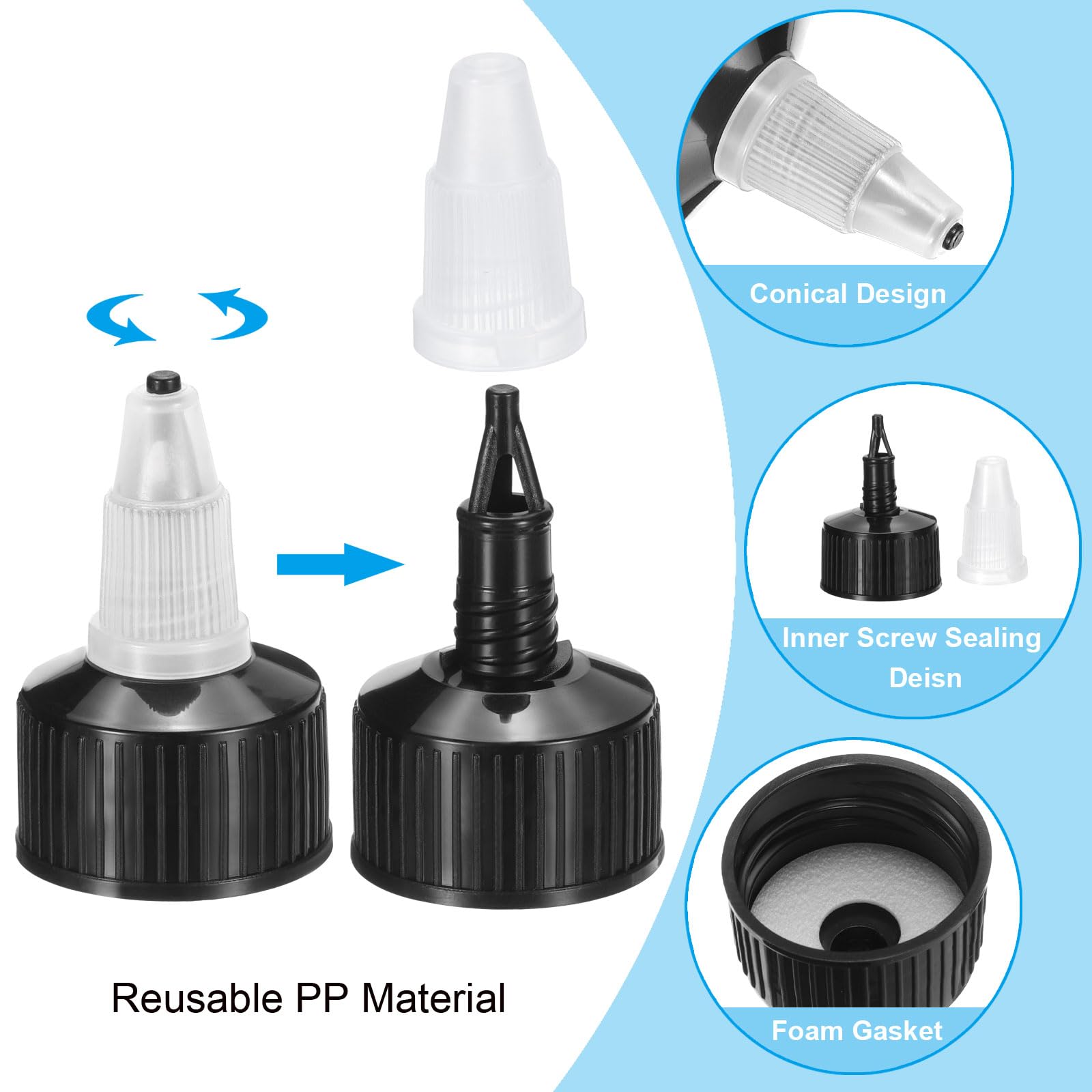 PATIKIL 24/410 Twist Bottle Caps - 45PCS Plastic Ribbed Edge Squeeze Bottle Replacement Lids with Foam Gasket for Paint, Glue & Dispensing Bottles (Black) - Perfect for DIY Crafts, Home Improvement & Art Projects