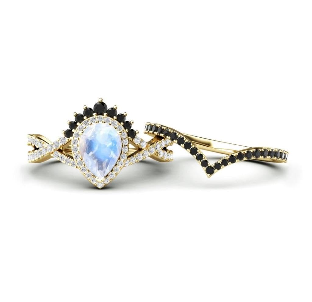 925 Sterling Silver Pear Shape Blue Moonstone Engagement Ring Set for Women - Wedding, Anniversary, Promise Ring - White Gold Plated, Size 5.5 - Perfect for Proposals, Bridal Jewelry & Special Occasions