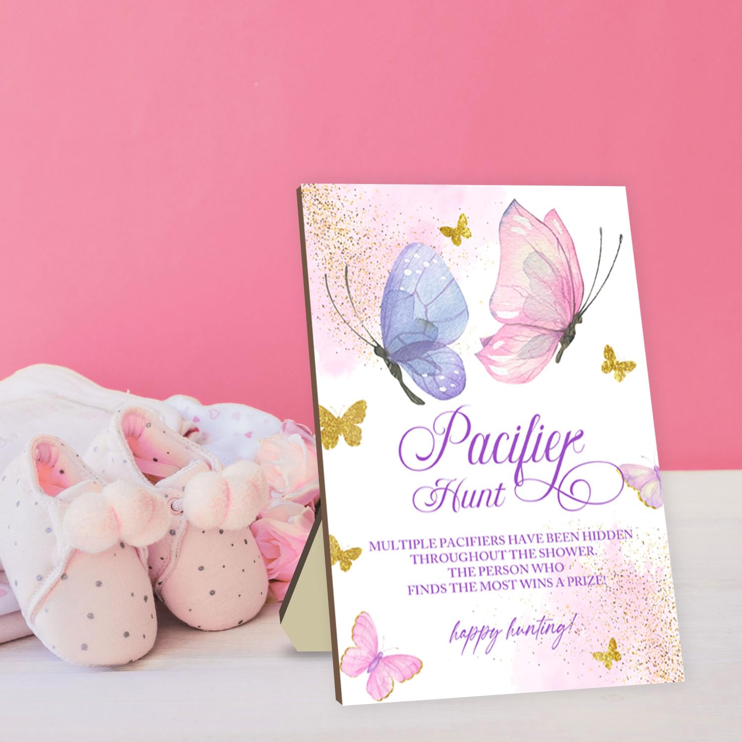 Baby Shower Pacifier Hunt Game Set - 50 Pink Acrylic Pacifiers with Fantasy Butterfly Design for Gender Reveal & Baby Shower Party Games - Perfect for Indoor/Outdoor Baby Celebrations & Nursery Decor