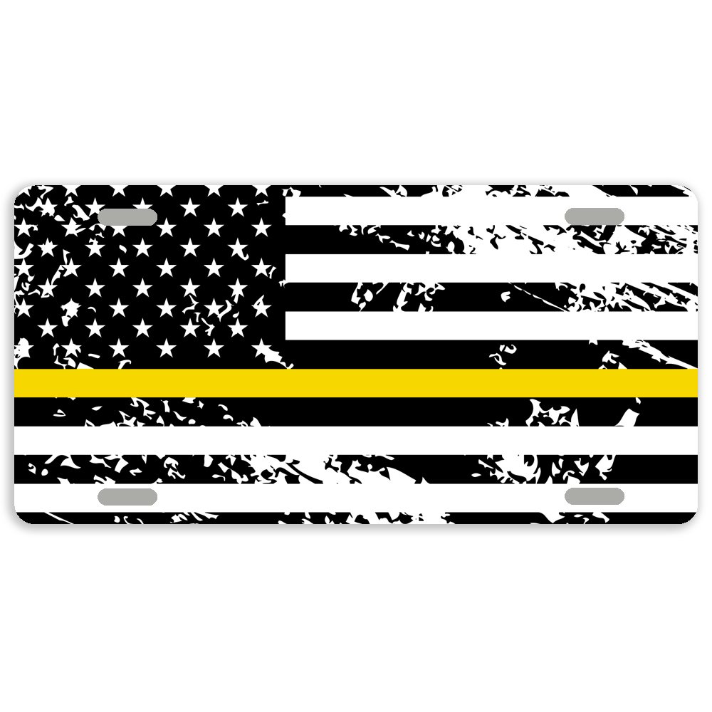 Thin Yellow Line Retro American Flag Metal License Plate Cover - 12 x 6 Inches with 4 Holes for Cars, Trucks & SUVs - Durable Auto Tag for First Responder Support & Patriotic Car Accessories