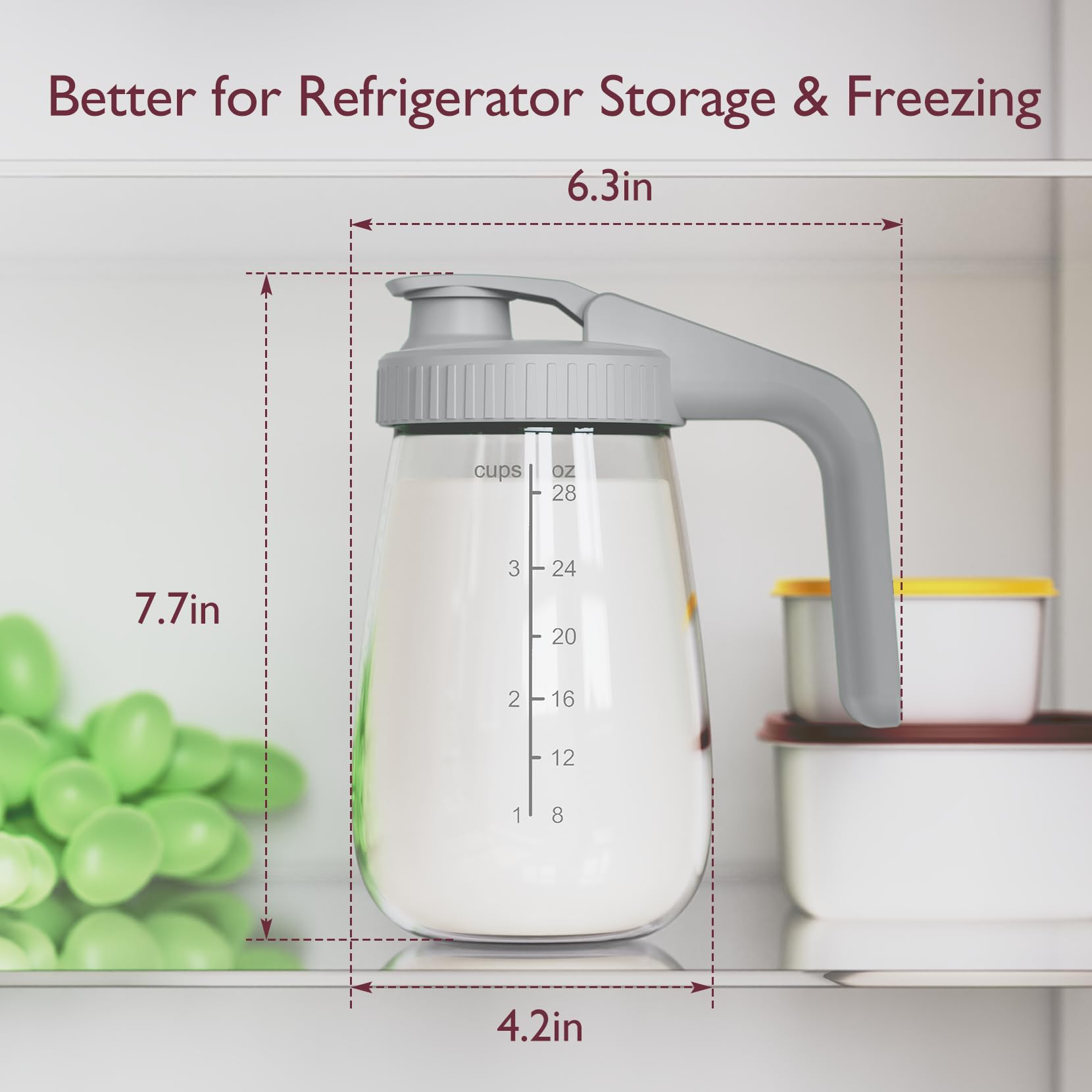 Momcozy Breast Milk Storage Pitcher - Heat & Cold Resistant, Leak-Proof Glass Container with Wide Mouth for Breast Milk & Formula - Perfect for Fridge Storage & Quick Baby Feeding - Essential Breastfeeding Accessory (Grey) - Ideal for Busy Moms & Nighttime Feedings