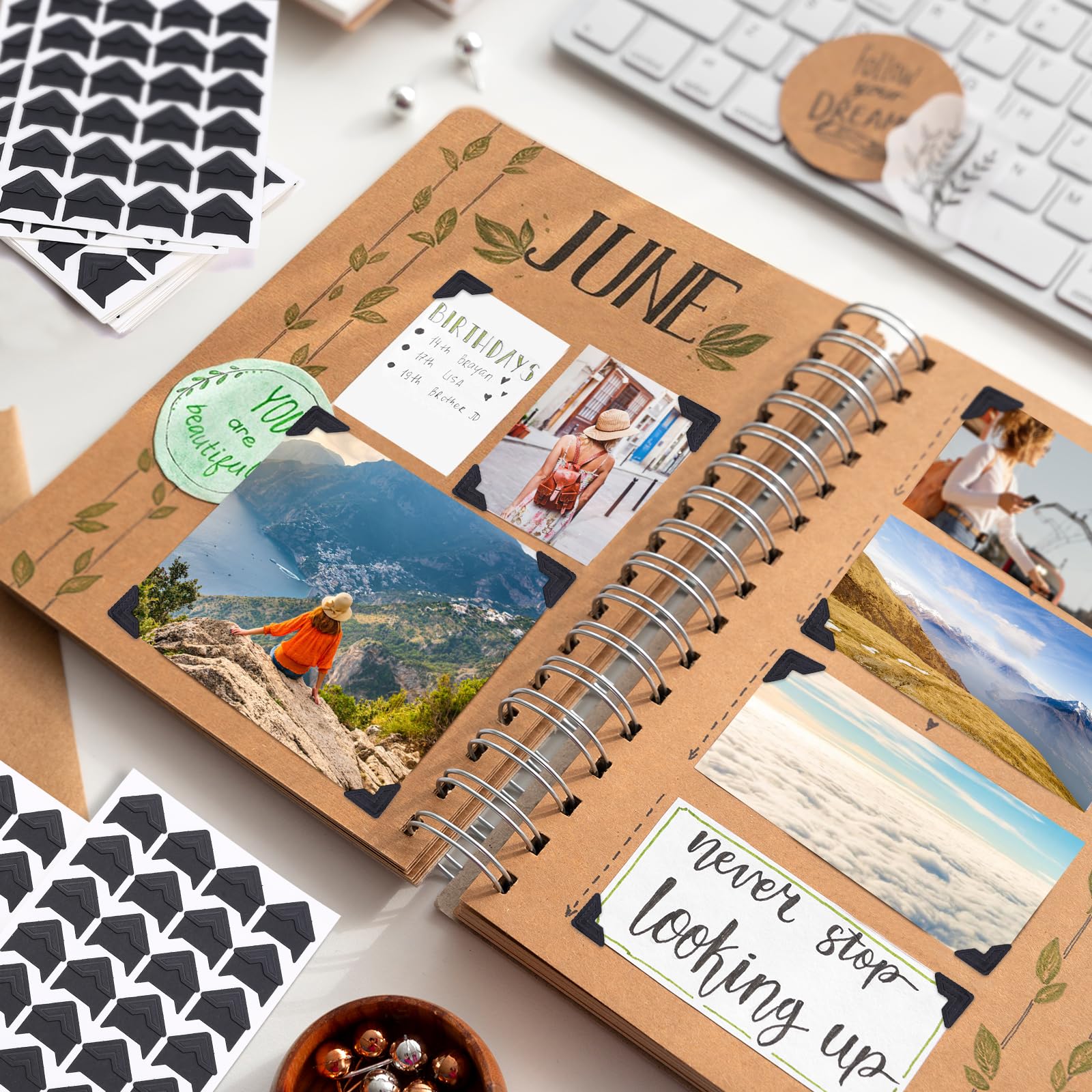 Naler 360 Pieces Self Adhesive Photo Corners - 0.83 x 0.8 Inch Black Clear Mounting Corners for Scrapbooking, Picture Albums, Journals - Acid-Free & No Residue - Safe for Photos & Documents - Perfect for DIY Crafts, Memory Books, Wedding Albums, and School Projects