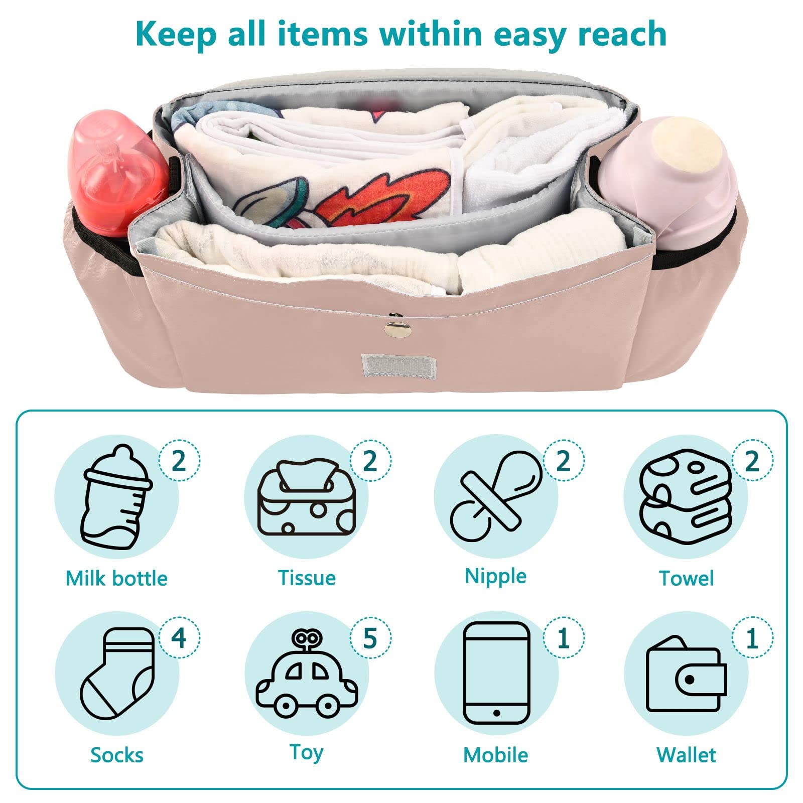 **Sinestour Custom Pink Universal Stroller Organizer with Cup Holder - Personalized Diaper & Toy Storage Bag for Phones, Keys - Fits All Baby Strollers - Perfect for Park Walks, Shopping & Travel**