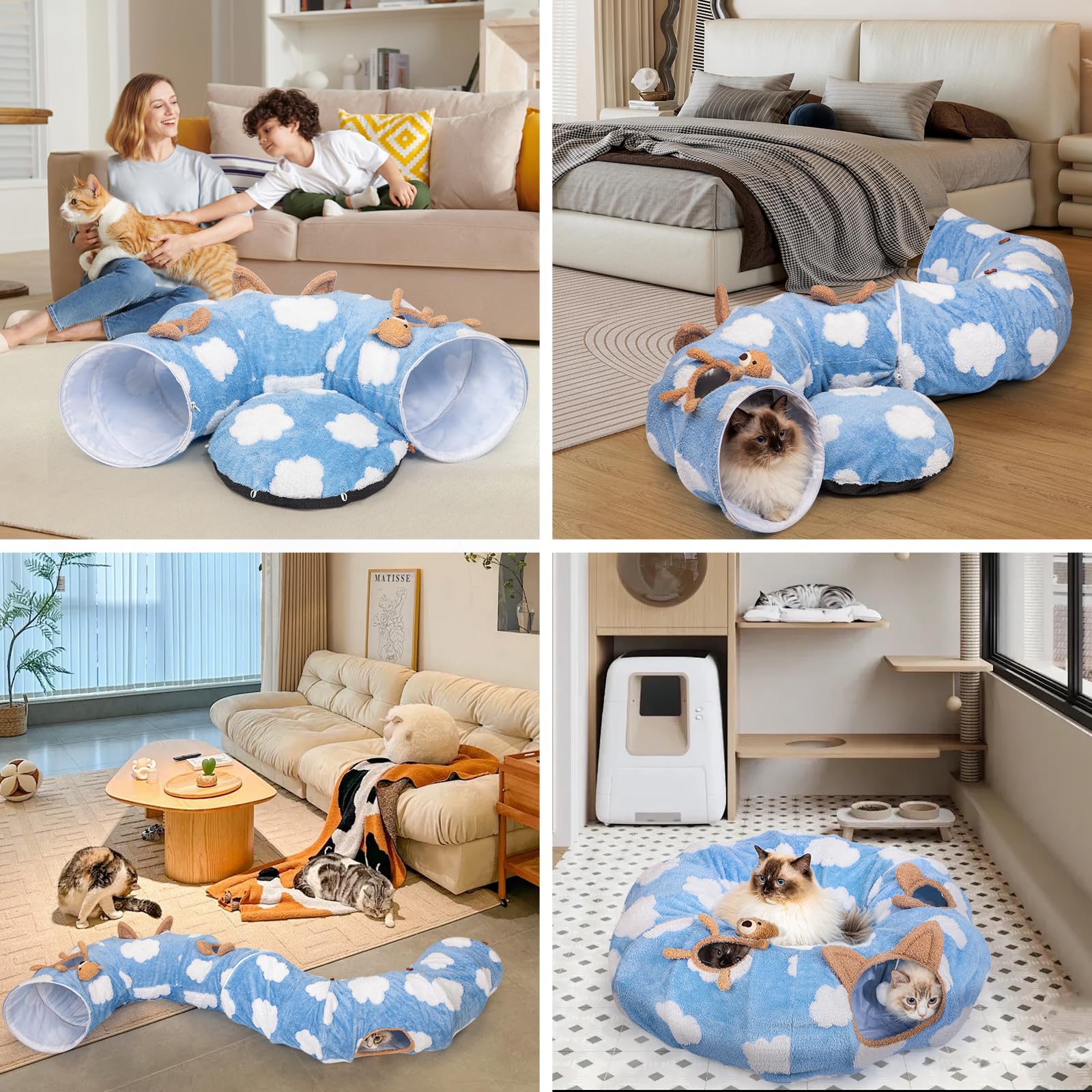 Washable Cat Tunnel Bed with Circle Cushion - Multifunctional Peekaboo Cat Cave & Donut Tube for Indoor Cats, Kittens, Puppies, Rabbits & Ferrets (Sky Blue) - Perfect for Playtime, Napping & Hide-and-Seek Games
