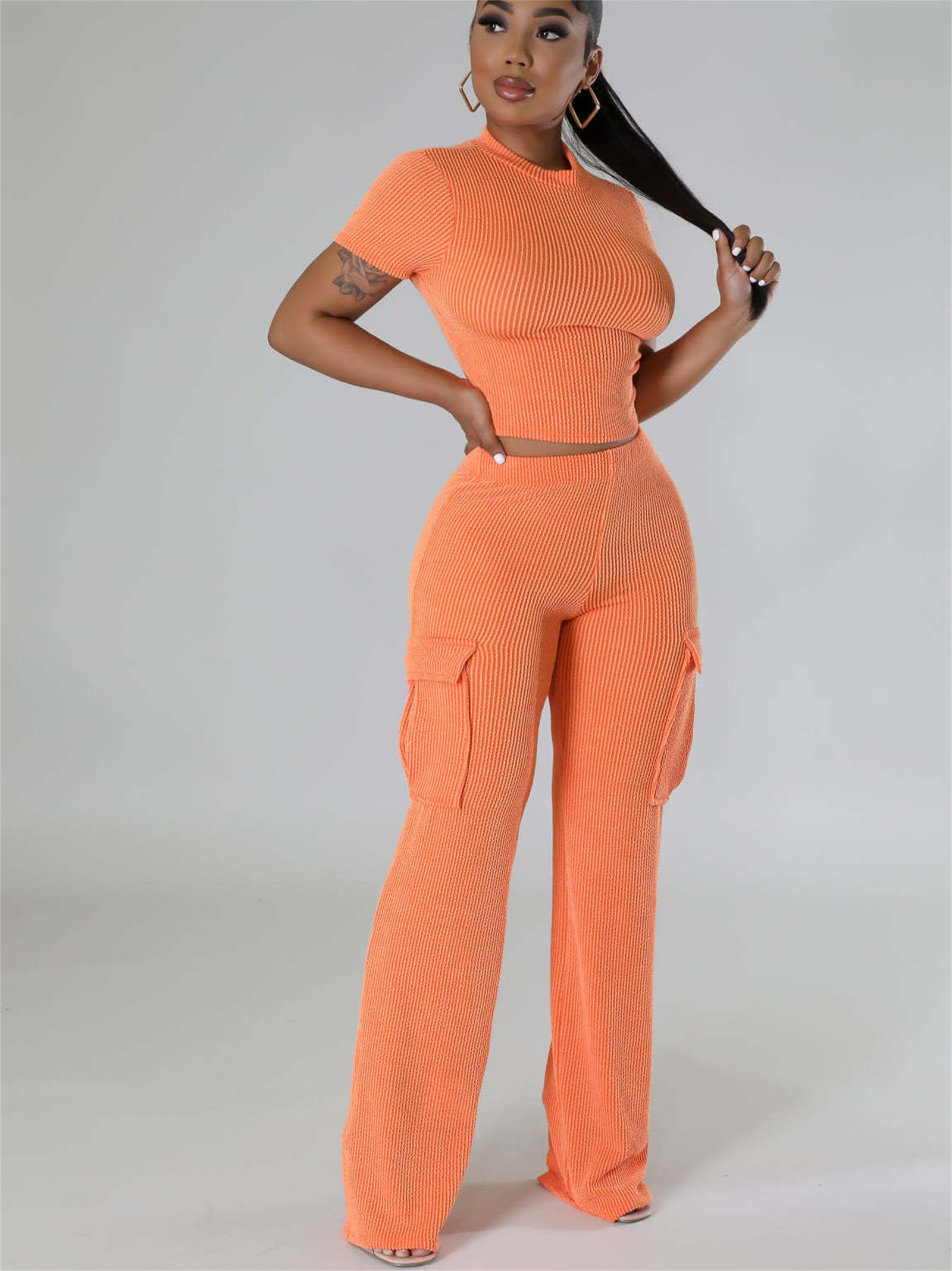 CALEBGAR Women's 2-Piece Outfit - Sexy Wide Leg Cargo Pants Set with Short Sleeve Ribbed Top | Casual Streetwear, Summer Fashion, Club Wear & Date Night Outfits