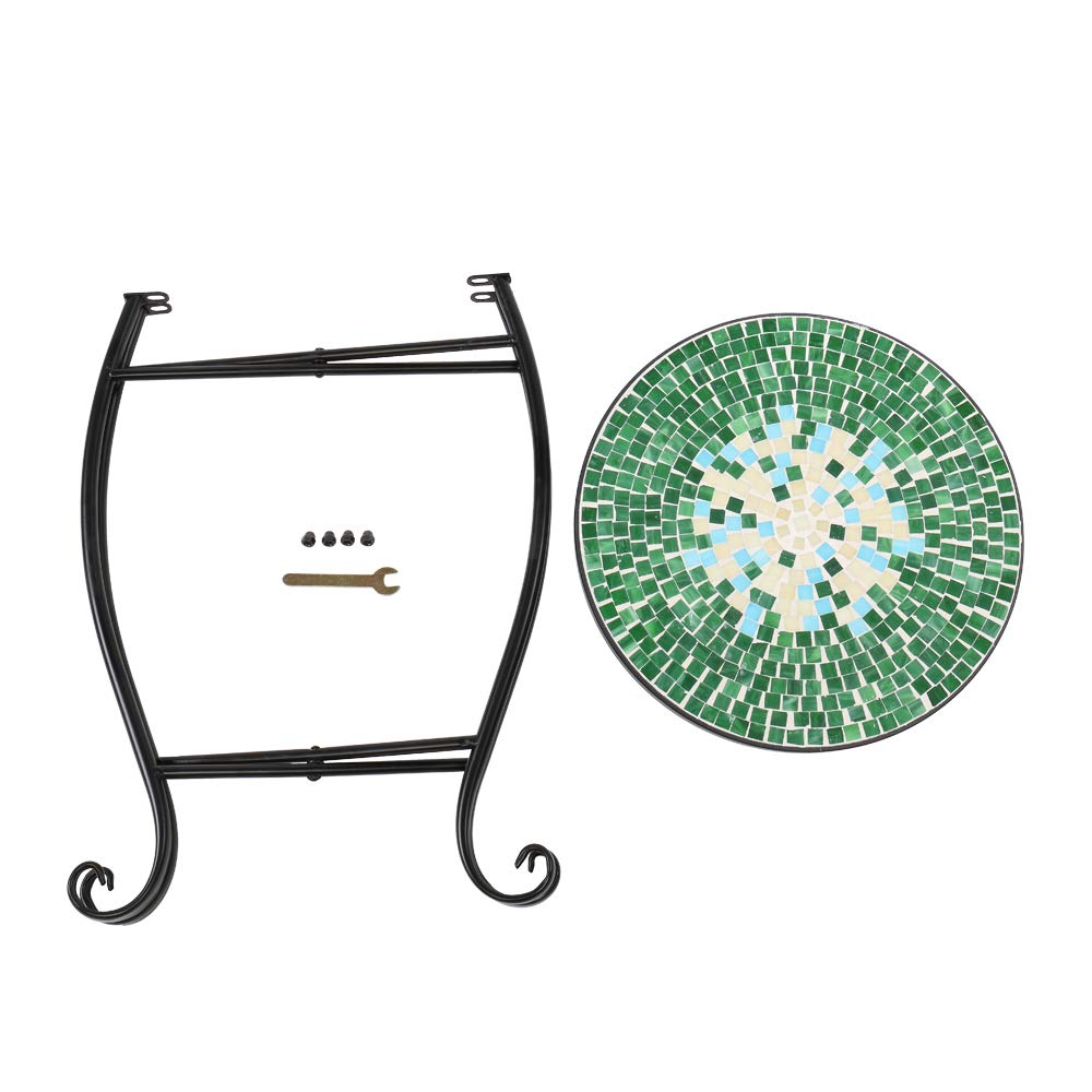 Round Wrought Iron Mosaic Accent Table - Stained Glass Patio Side Table with Green Surface | Indoor Outdoor Coffee End Table for Garden, Lawn, Patio & Home Decor | Perfect for Outdoor Entertaining & Living Room Accents
