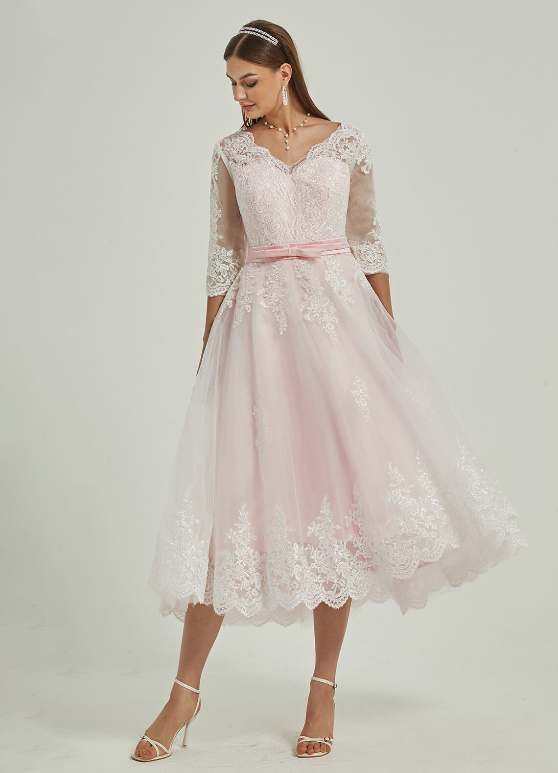 Elegant Diamond White & Blush Lace A-Line Wedding Dress with 3/4 Sleeves & High-Low Hem - Perfect for Beach Weddings, Vow Renewals & Romantic Photoshoots