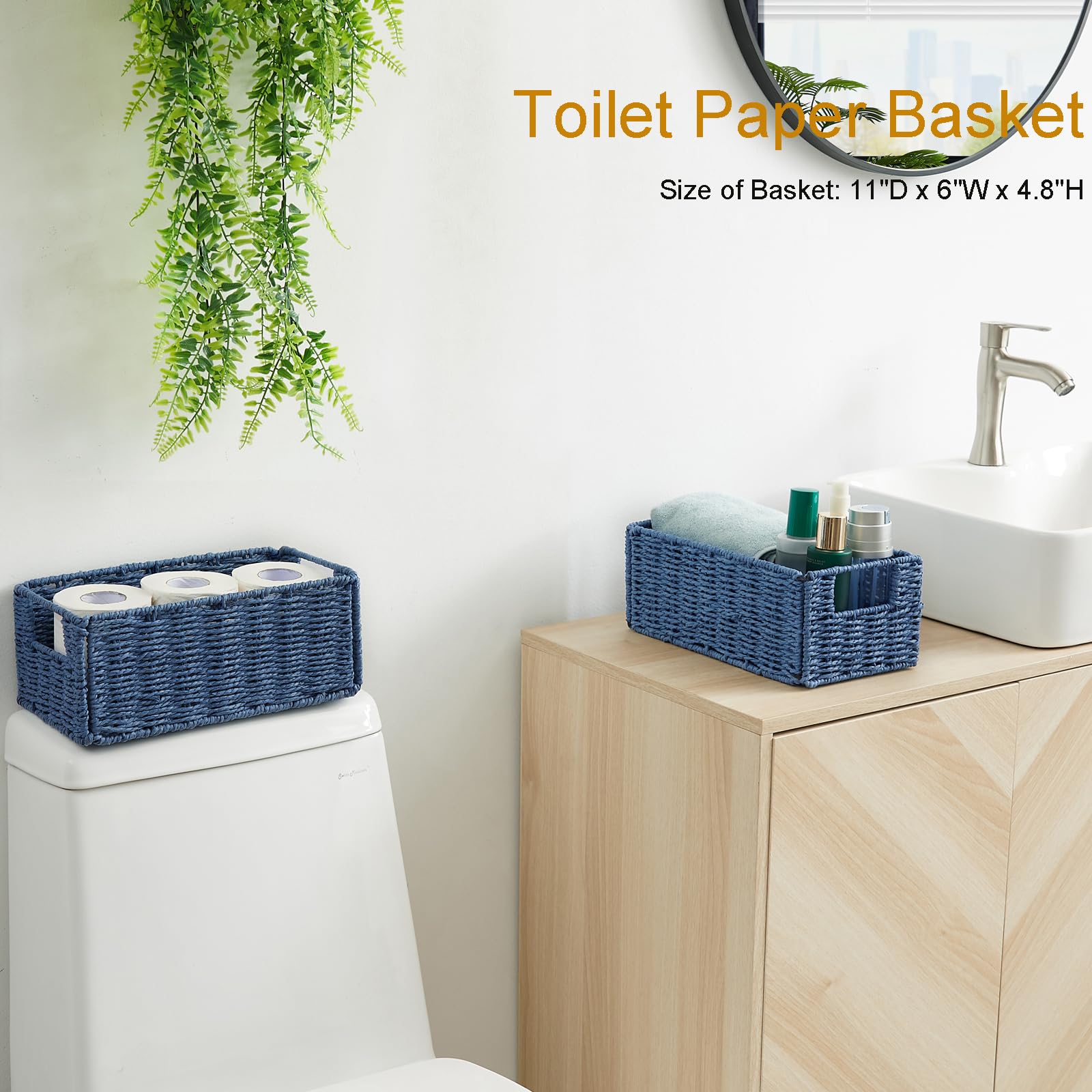 Vagusicc Wicker Storage Basket Set of 2 - Handwoven Paper Rope Baskets for Organizing Toilet Paper, Foldable Cube Storage Bins for Shelves - Perfect for Bathroom, Bedroom & Home Organization (Blue)