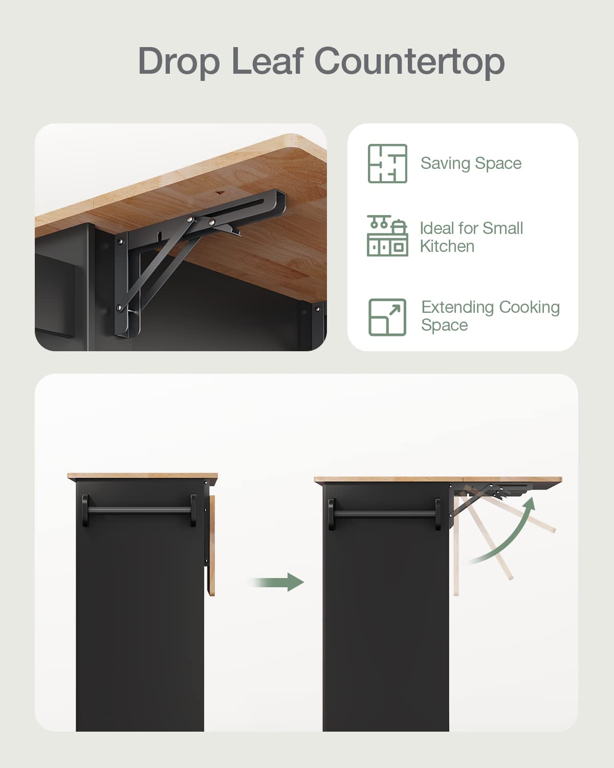 Kitchen Island with Storage & Side Rack - 5-Wheel Mobile Kitchen Cart with Durable Rubber Wood Top (Black) - Perfect for Small Kitchens, Food Prep, and Extra Counter Space
