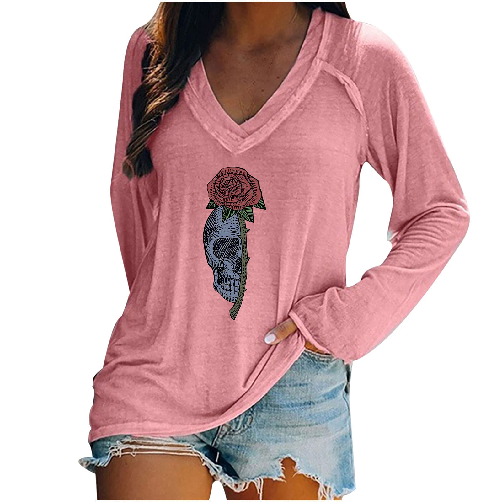 Women's Skull Rose Graphic V-Neck Long Sleeve Blouse - Loose Fit Novelty Halloween T-Shirt for Casual Wear, Gothic Fashion & Costume Parties