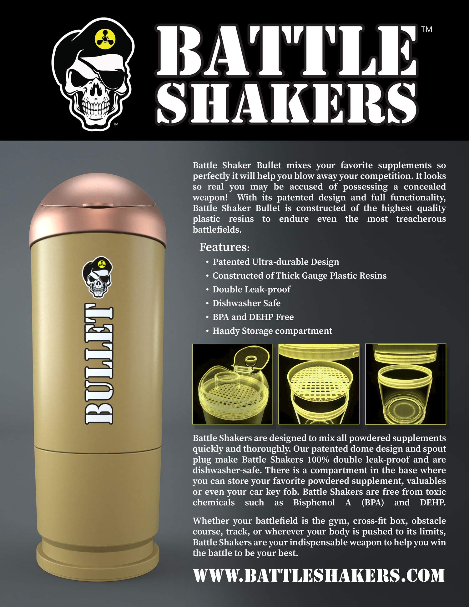 Battle Shakers Bullet Shaker Cup - 20oz Military Themed Protein Shaker Bottle | Leak-Proof Design with Storage Compartment | Perfect for Protein Powder, Pre-Workout & Supplements | Gym, Fitness & Outdoor Use | Durable & Dishwasher Safe