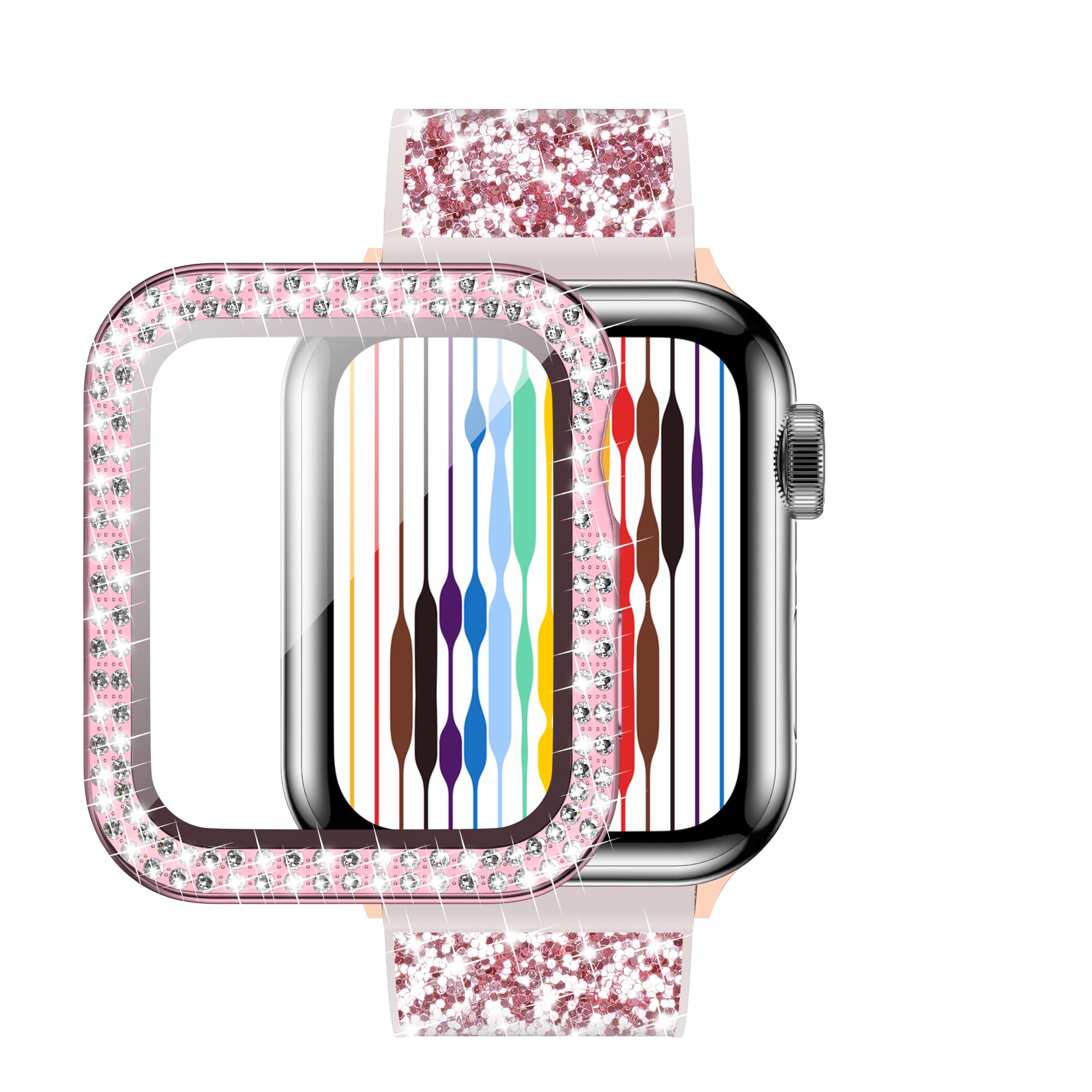 Sparkly Rhinestone Apple Watch Band with Protective Case - Compatible with iWatch Series 9/8/7/6/5/4/3/2/1 & SE (45/44/42/41/40/38mm) - Fashion Glitter Silicone Strap for Women - Perfect for Workouts, Parties & Everyday Wear