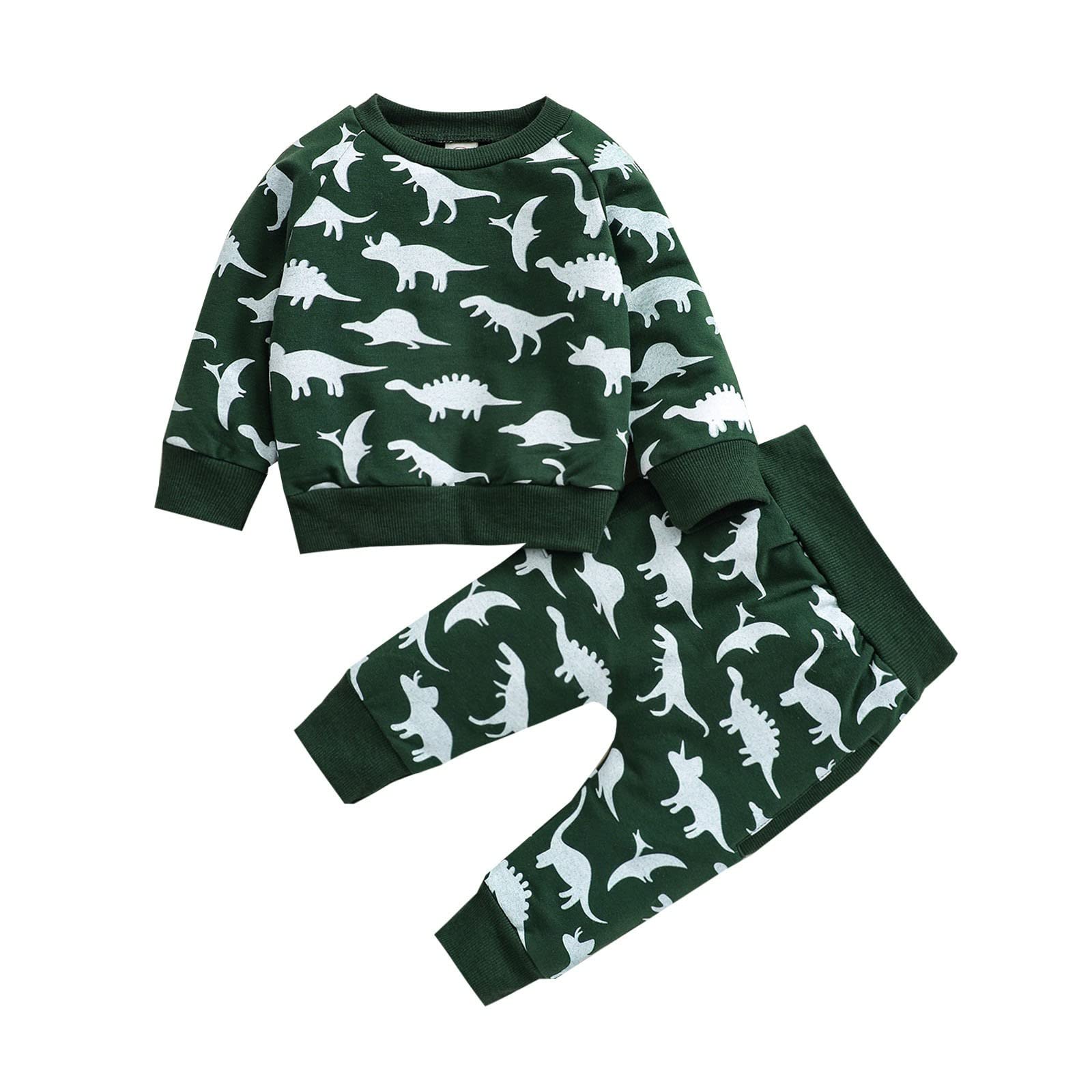 Dinosaur Print Kids Long Sleeve Sweatshirt & Jogger Pants Set - Warm Fall Winter Outfit for Boys & Girls | Playdates, School & Outdoor Activities