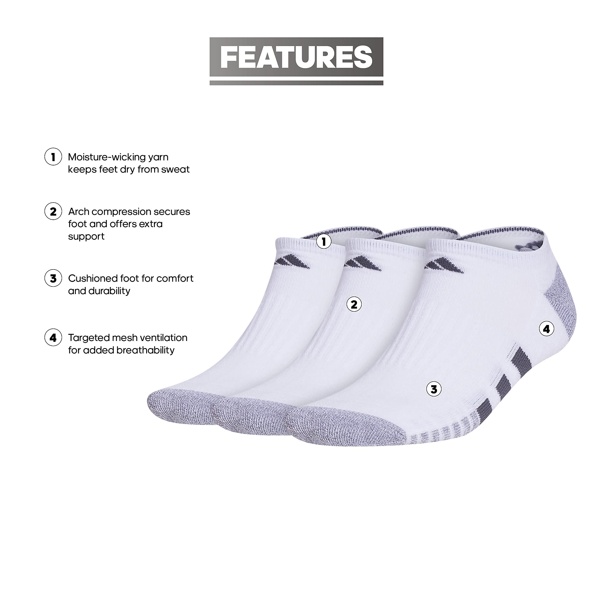 Adidas Men's Cushioned No Show Socks - 3 Pack Low Cut Athletic Socks with Arch Support & Compression Technology for Running, Gym & Everyday Wear