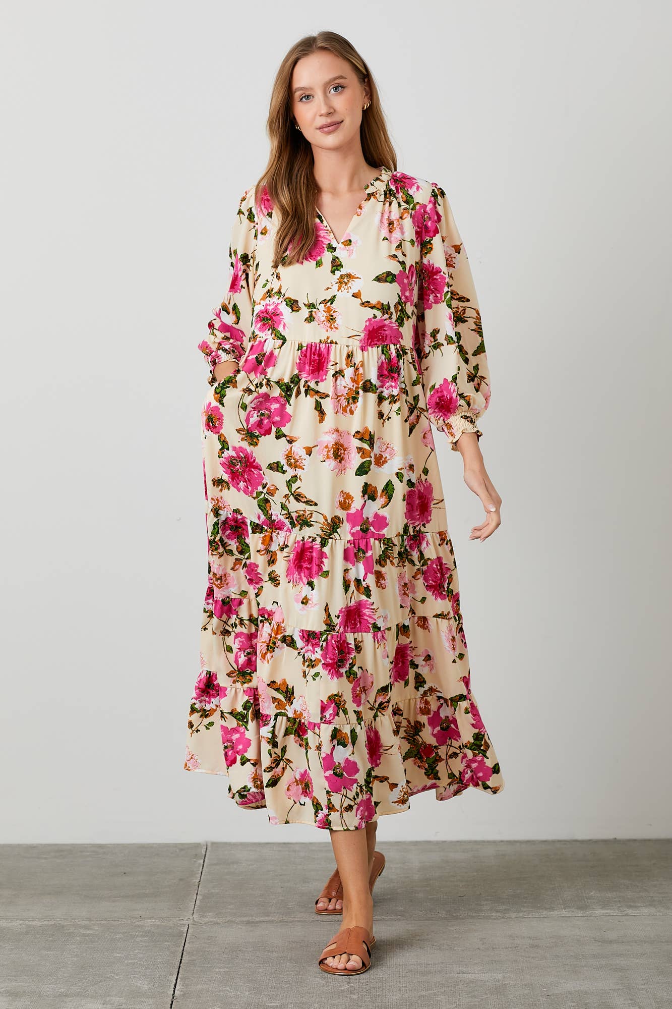 Floral Print Tiered Maxi Dress for Women - Peach Multi S Boho Summer Beach Dress, Perfect for Vacations, Weddings & Outdoor Parties