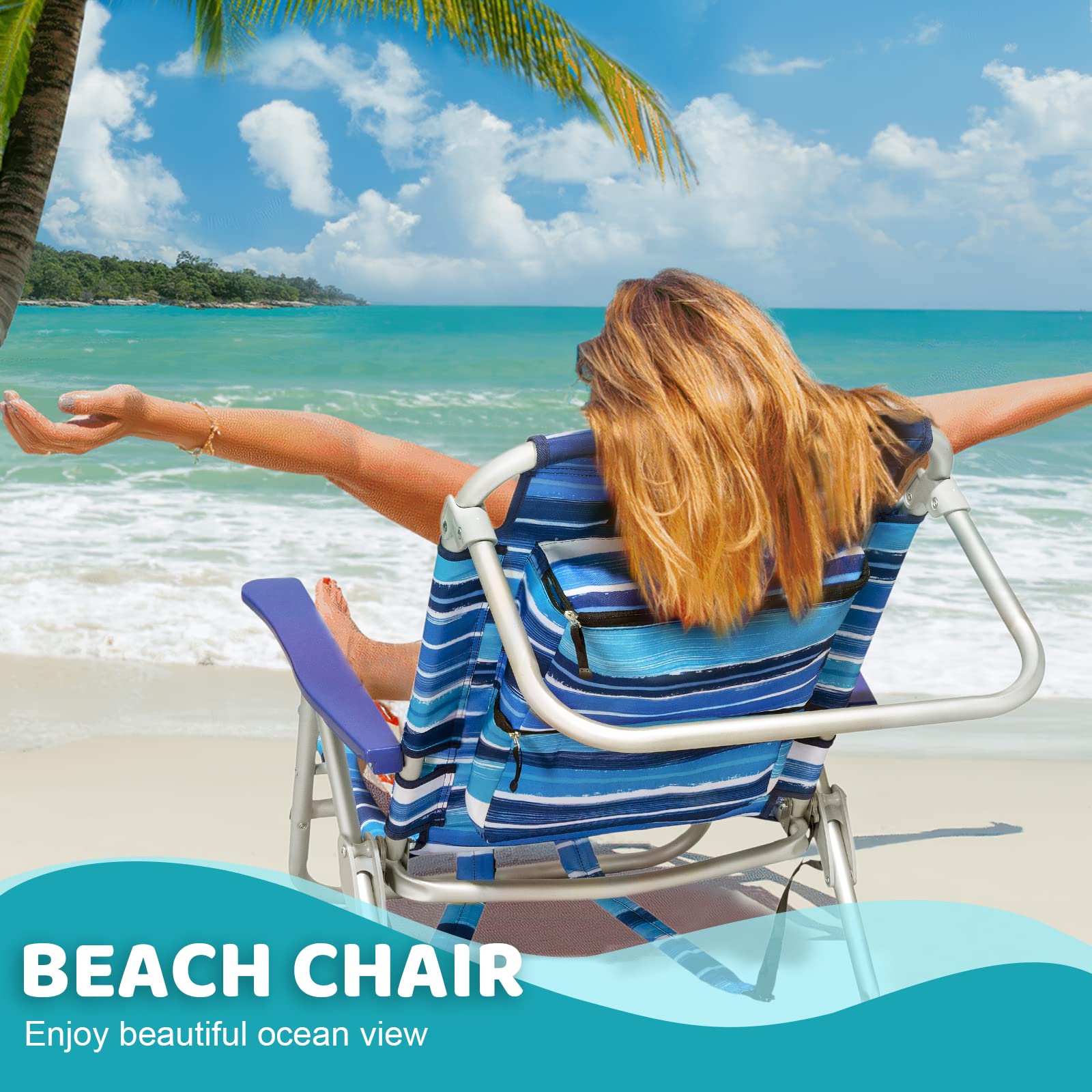 **LEMBERI Heavy Duty Folding Beach Chair for Adults - Adjustable High Back Camping Chair with Large Pockets, Cup Holder & Towel Rack - Portable for Outdoor, Travel, Picnics & Beach Lounging (2-Pack, Blue)**