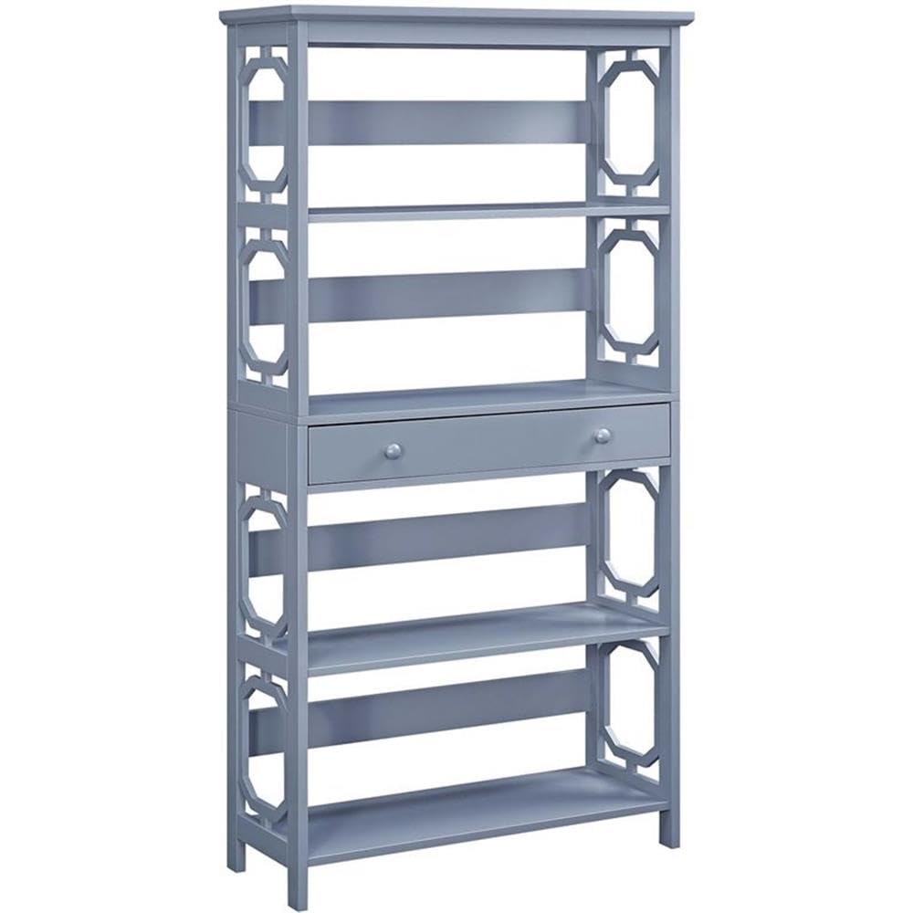 Convenience Concepts Omega 5-Tier Bookcase with Storage Drawer in Gray - Perfect for Living Room, Bedroom, or Office Organization