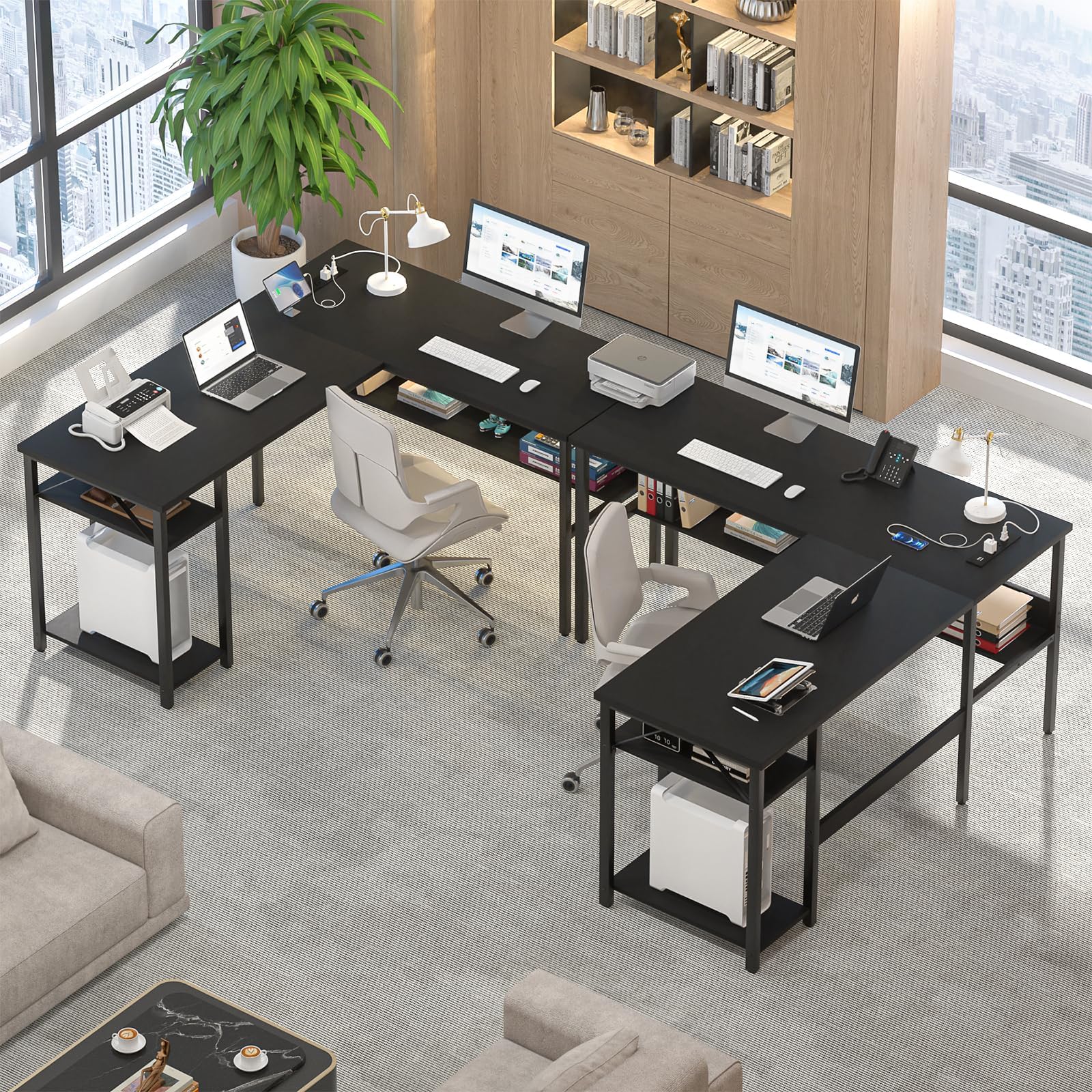 Reversible L-Shaped Computer Desk with Power Outlets & USB Ports - Sturdy Corner Desk with Storage Shelf - Modern Home Office & Gaming Desk - Easy Assembly - Black - Perfect for Small Spaces, Workstations & Gaming Setups