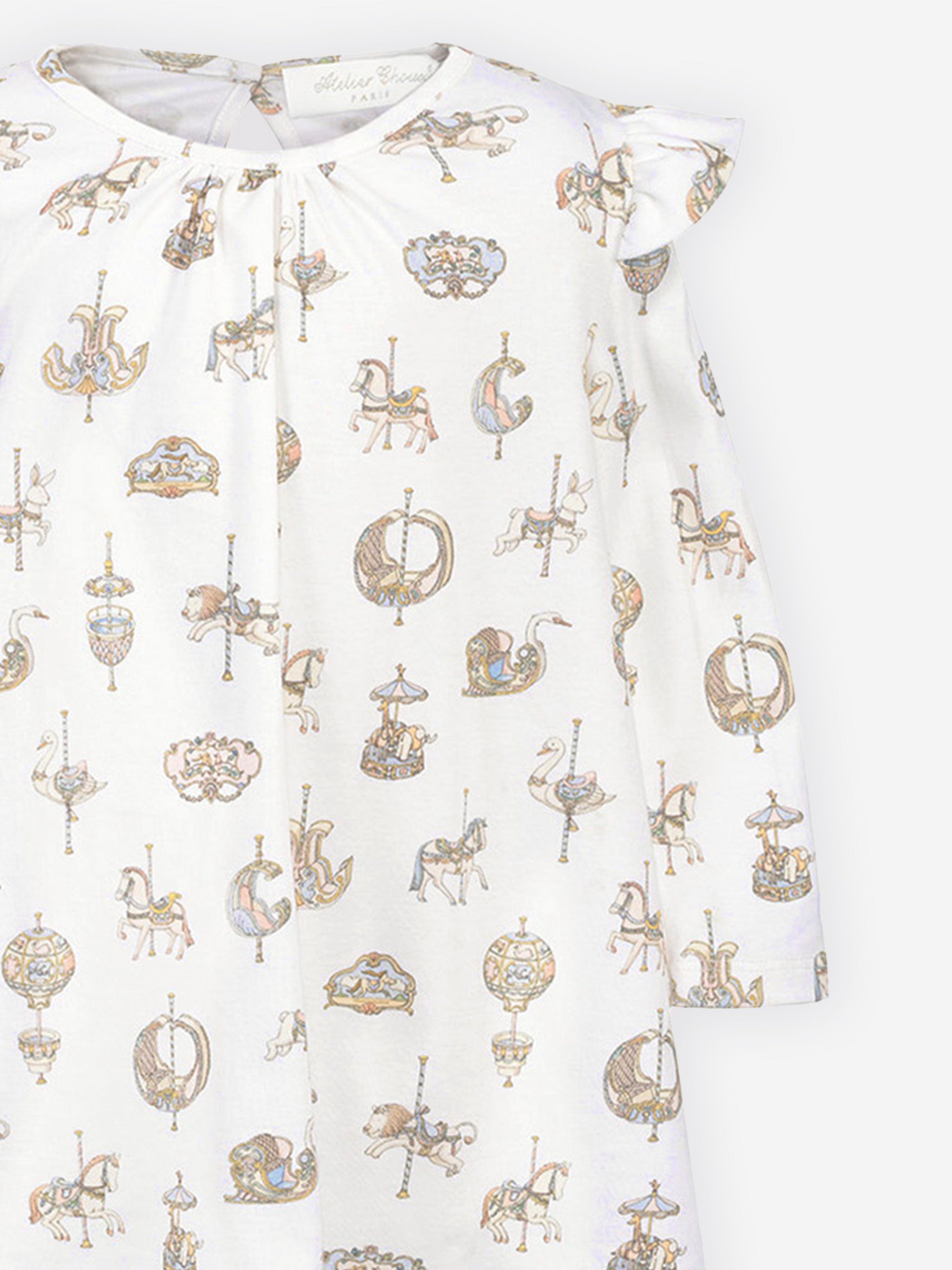 Atelier Choux Baby Girls Carousel Jersey Dress - Soft Cotton White Dress for Newborns & Toddlers | Perfect for Special Occasions, Photo Shoots & Everyday Wear